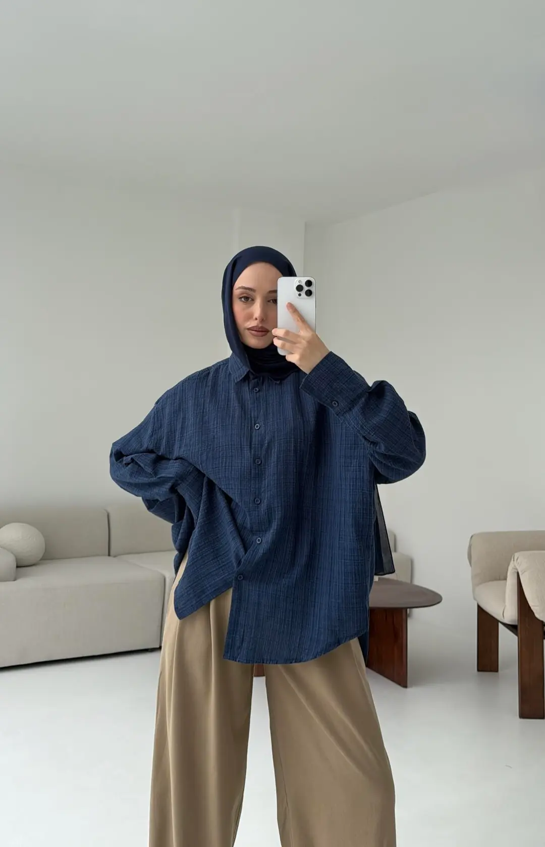 Kare Dokulu Lacivert Oversize Gömlek - Görsel 5