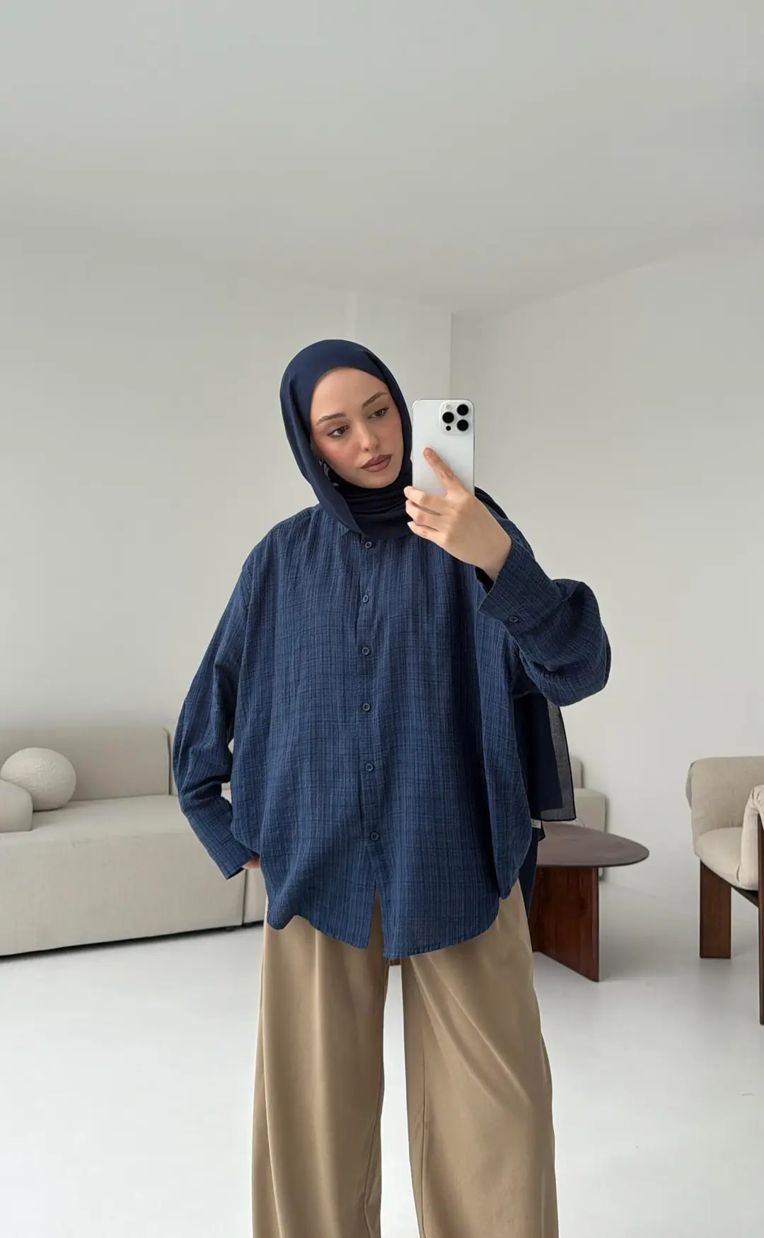 Kare Dokulu Lacivert Oversize Gömlek - Görsel 6