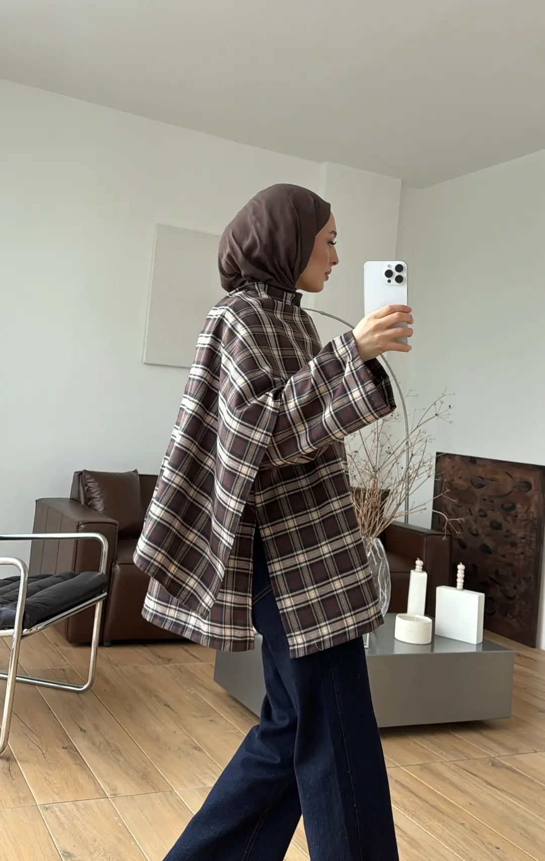 Kareli Şallı Gömlek Kahve - Görsel 5