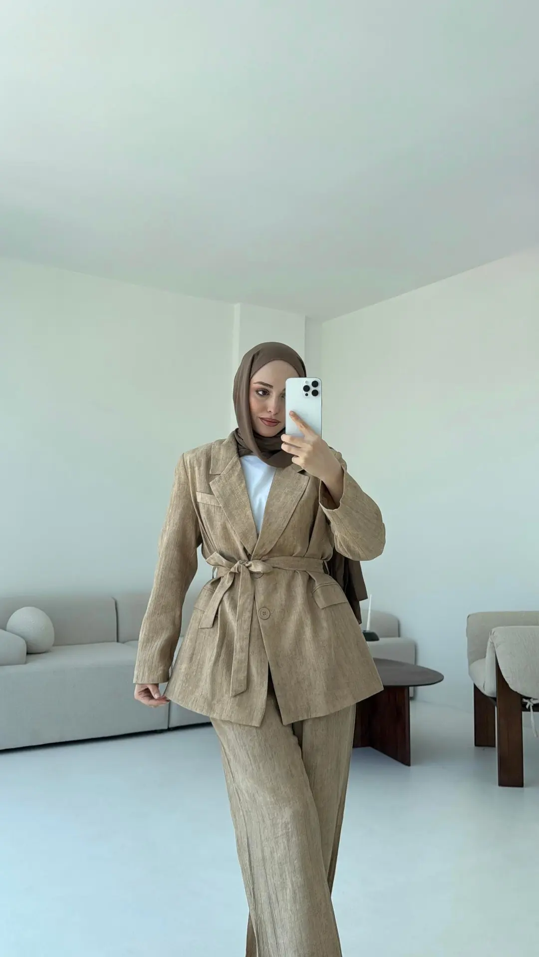 Kemerli Ceket Beli Lastikli Pantolon Takım Bej - Görsel 2