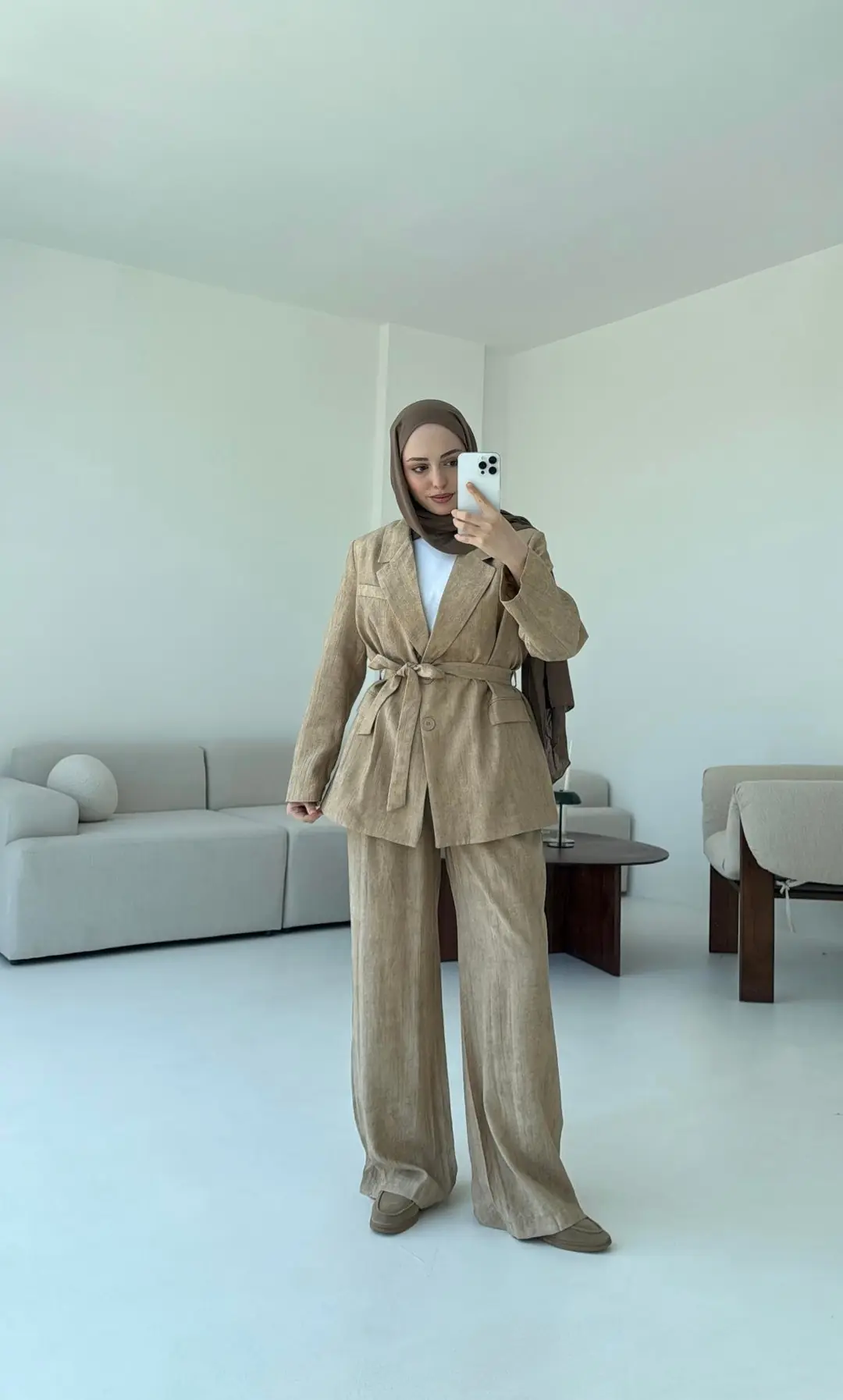 Kemerli Ceket Beli Lastikli Pantolon Takım Bej - Görsel 5