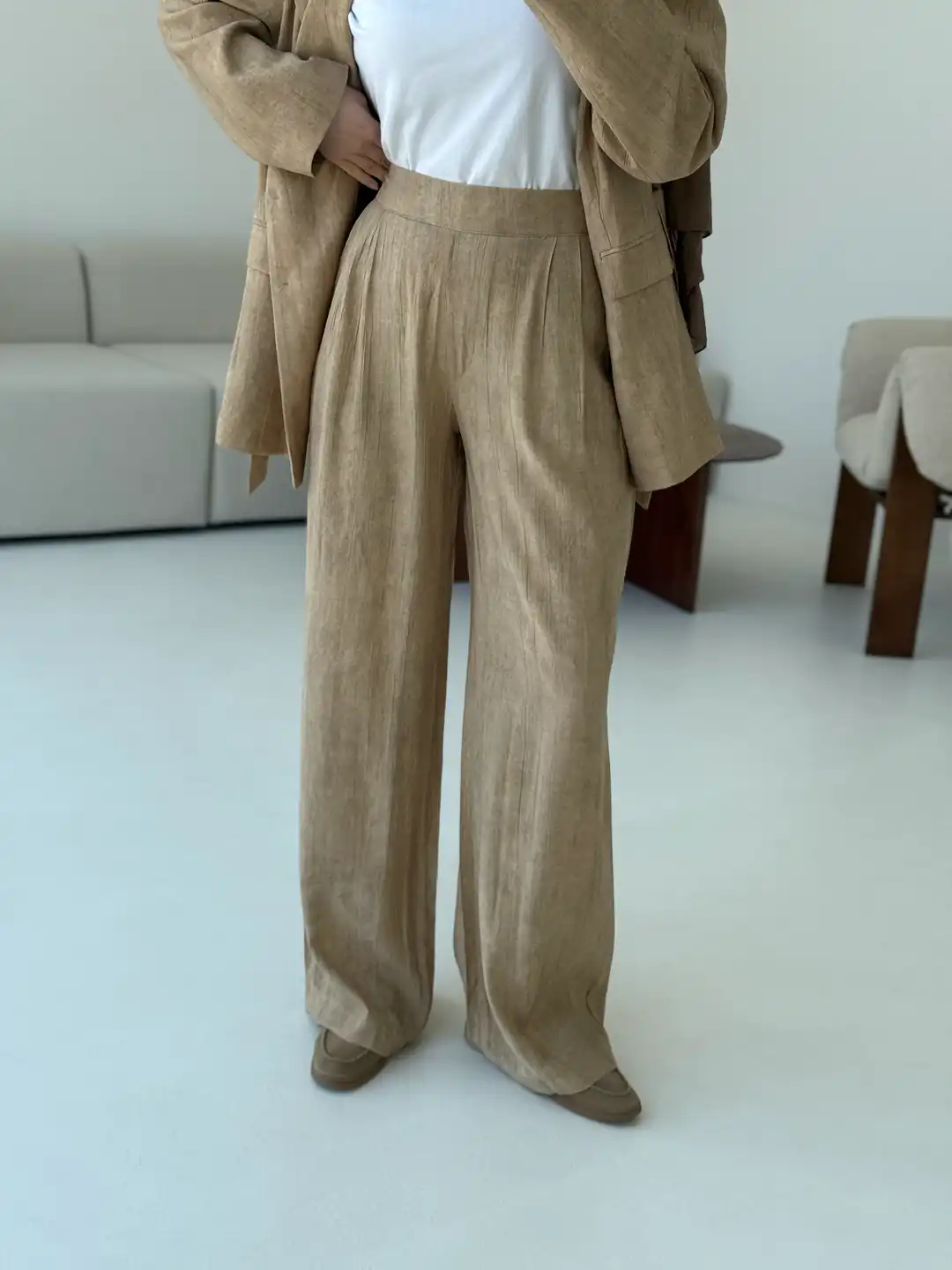 Kemerli Ceket Beli Lastikli Pantolon Takım Bej - Görsel 6