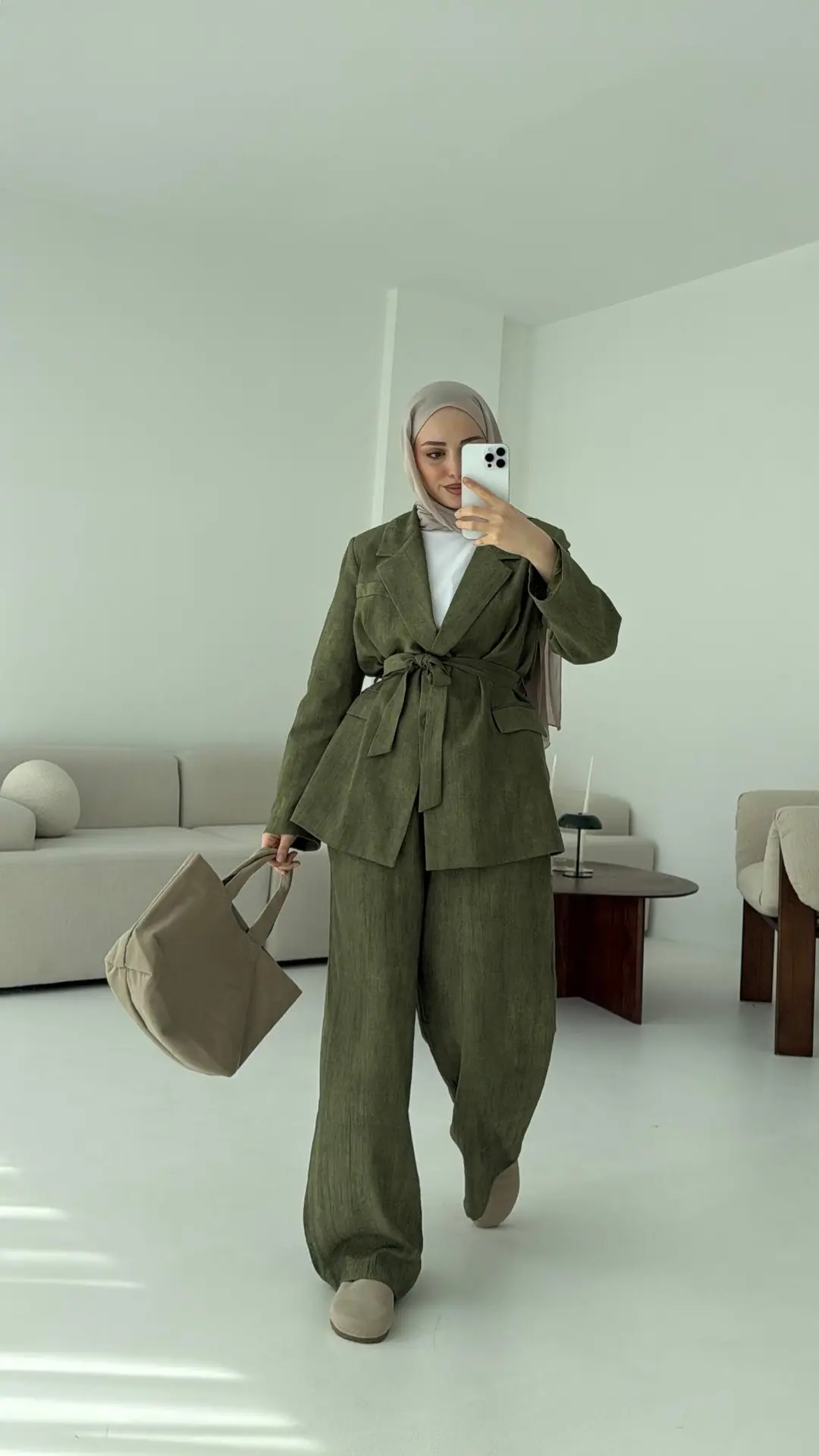 Kemerli Ceket Beli Lastikli Pantolon Takım Haki - Görsel 3