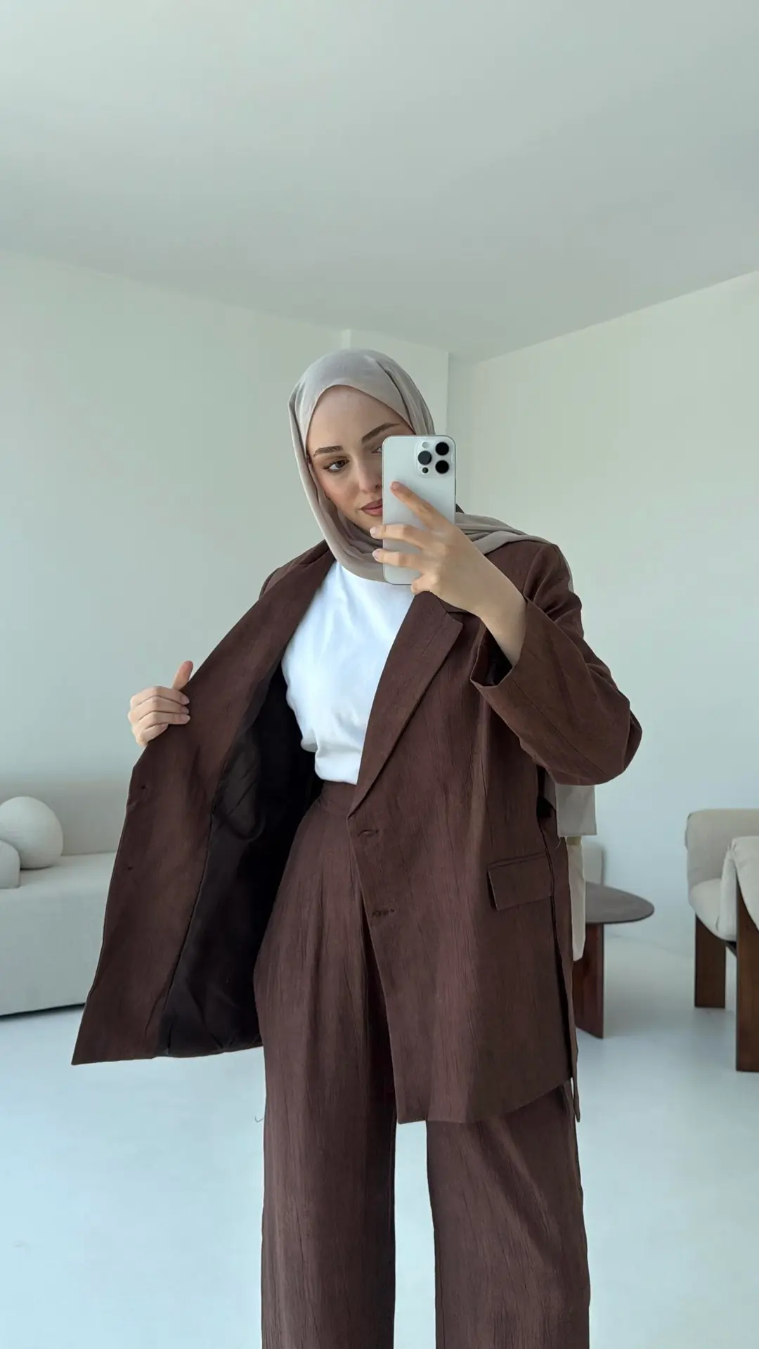 Kemerli Ceket Beli Lastikli Pantolon Takım  Kahve - Görsel 2