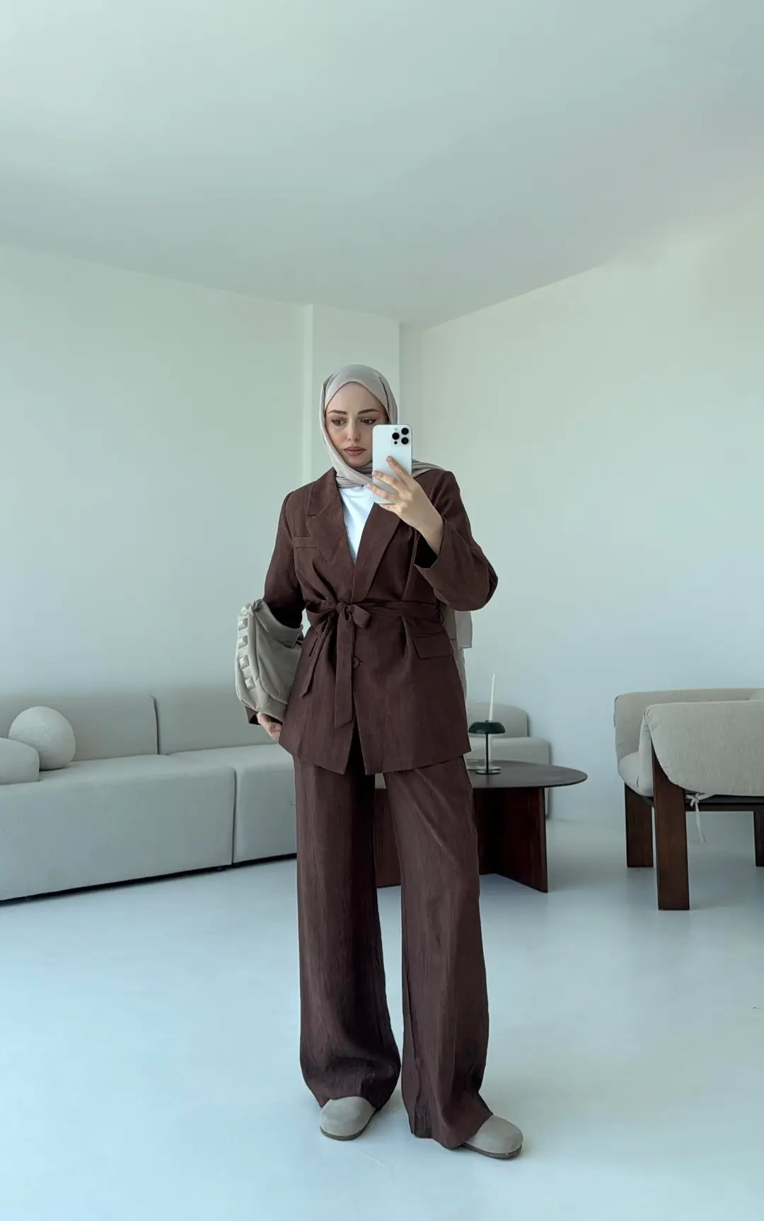 Kemerli Ceket Beli Lastikli Pantolon Takım  Kahve - Görsel 3