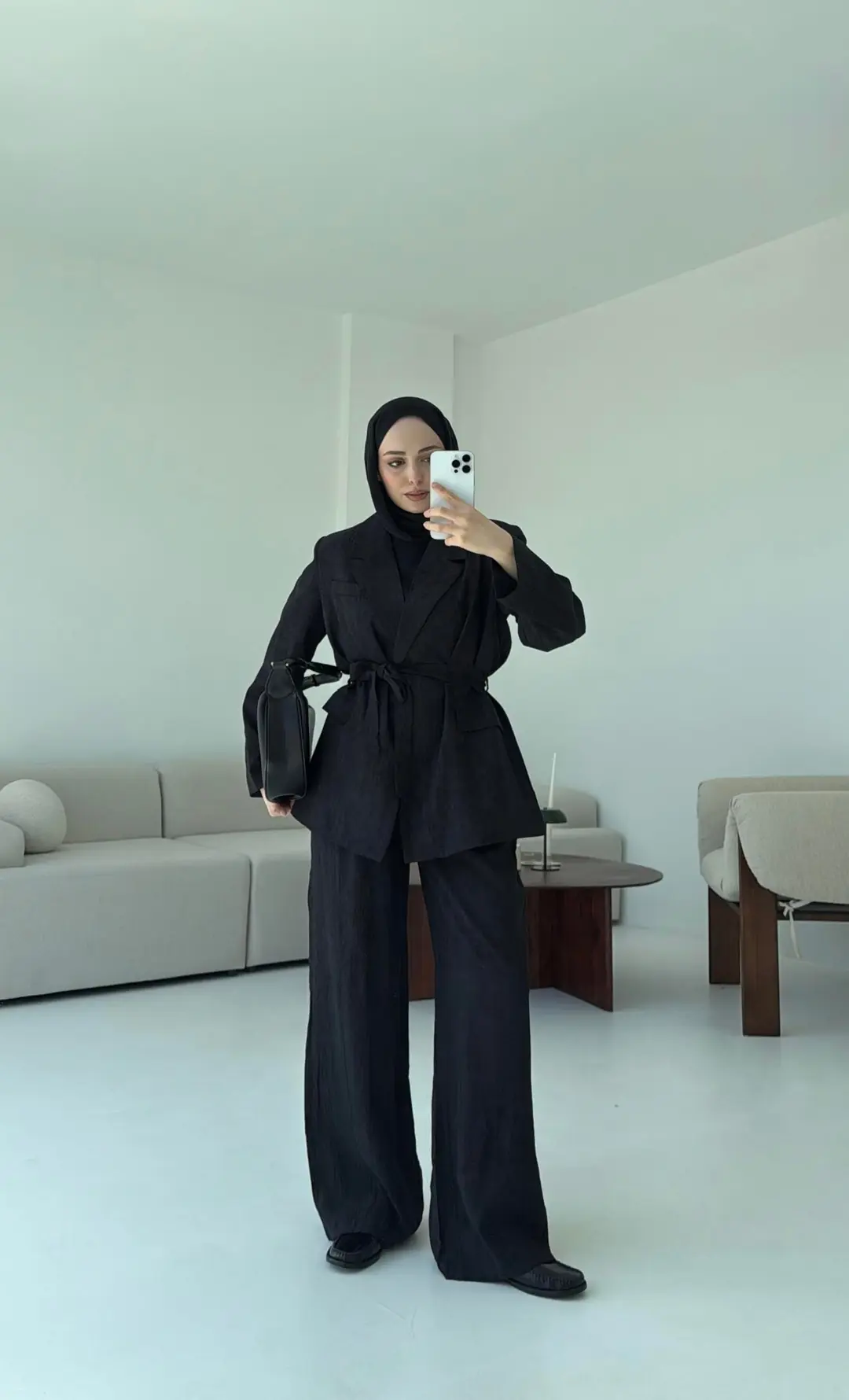 Kemerli Ceket Beli Lastikli Pantolon Takım Siyah