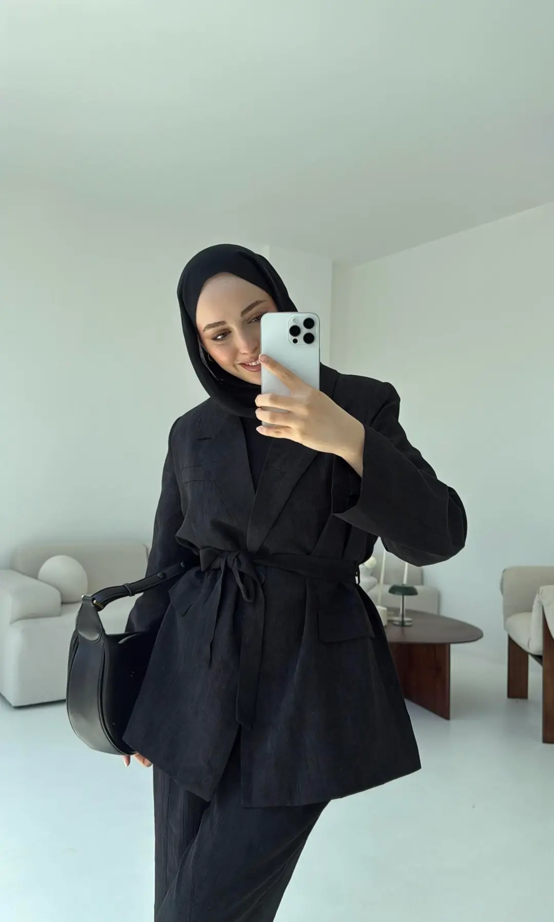 Kemerli Ceket Beli Lastikli Pantolon Takım Siyah - Görsel 3