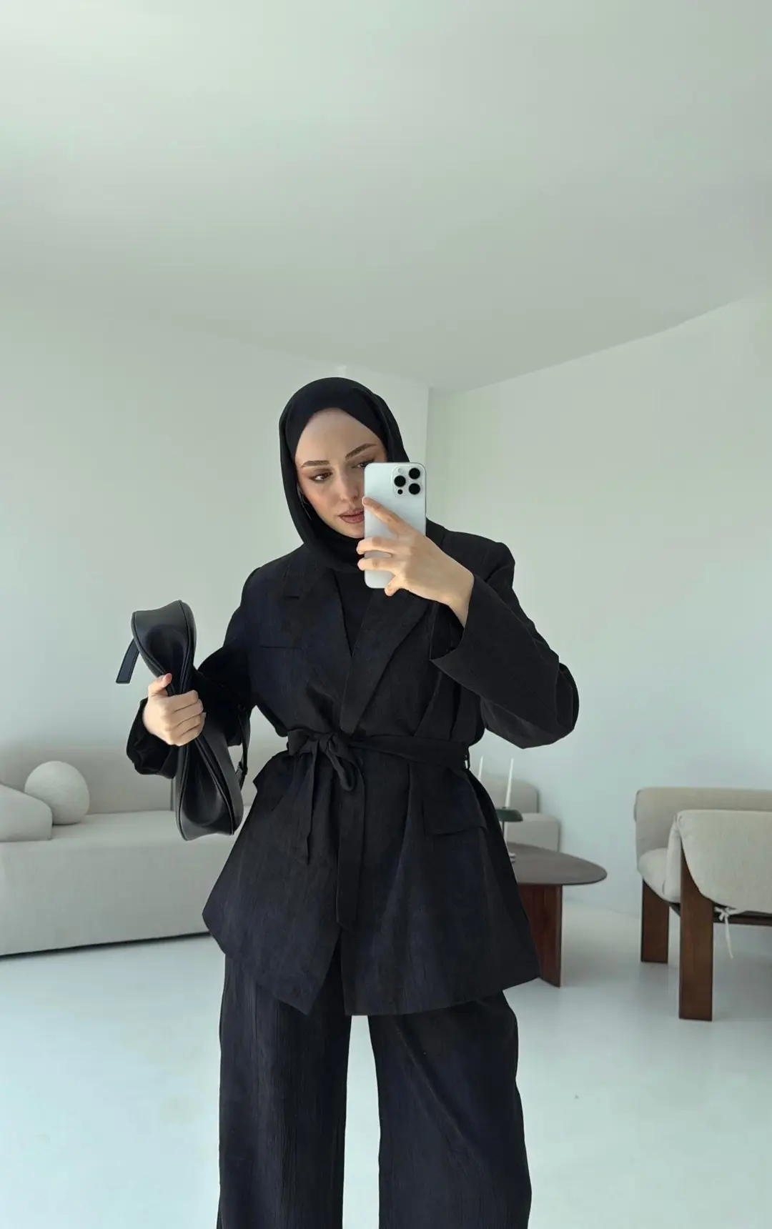 Kemerli Ceket Beli Lastikli Pantolon Takım Siyah - Görsel 4