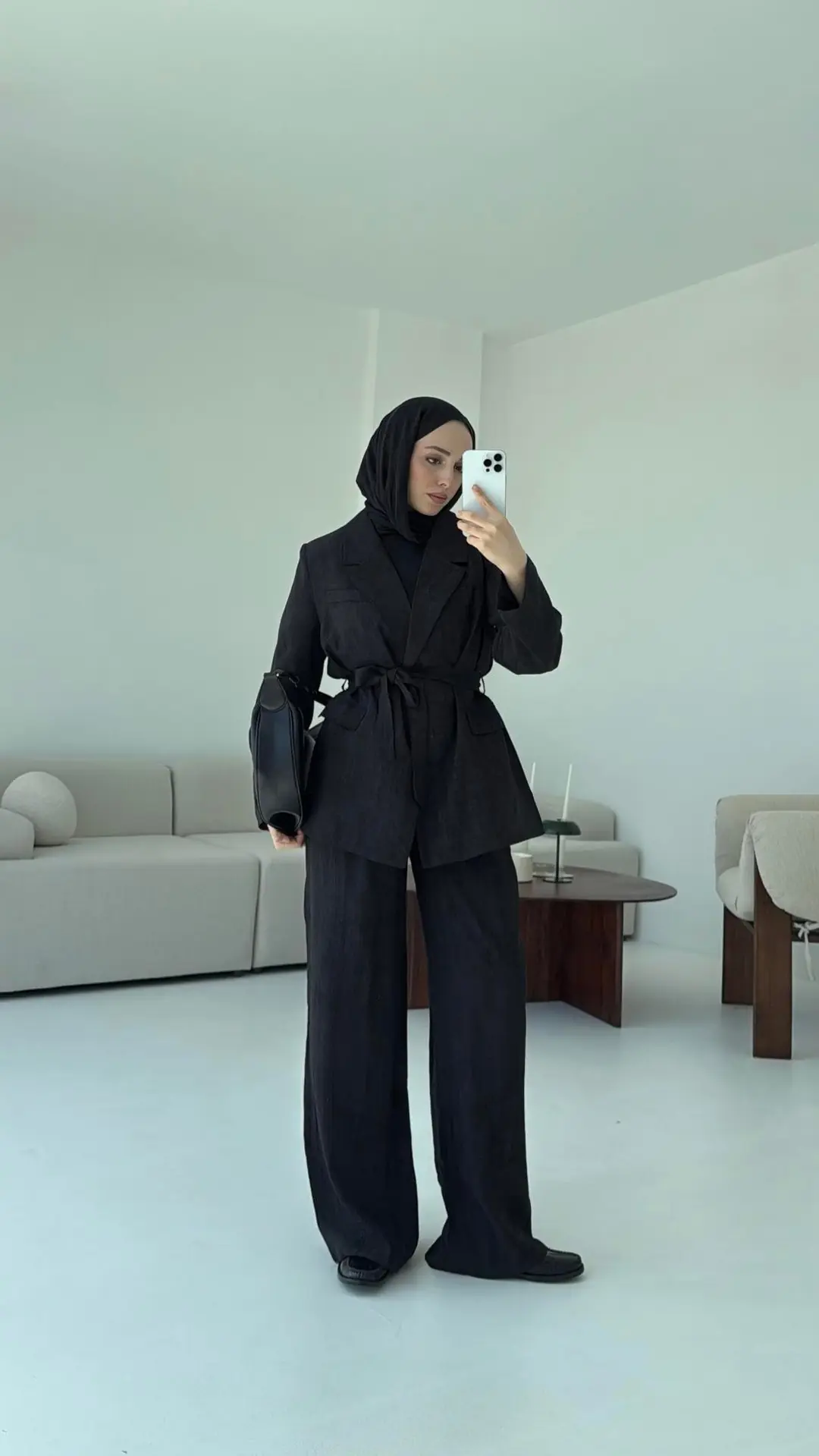 Kemerli Ceket Beli Lastikli Pantolon Takım Siyah - Görsel 5