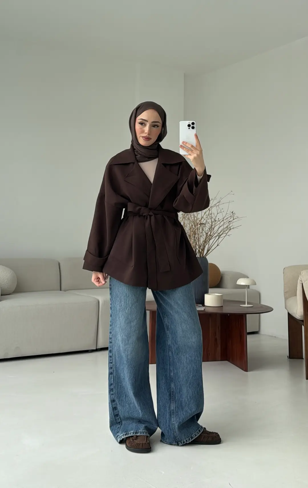 Kemerli Dökümlü Trençkot Kahve