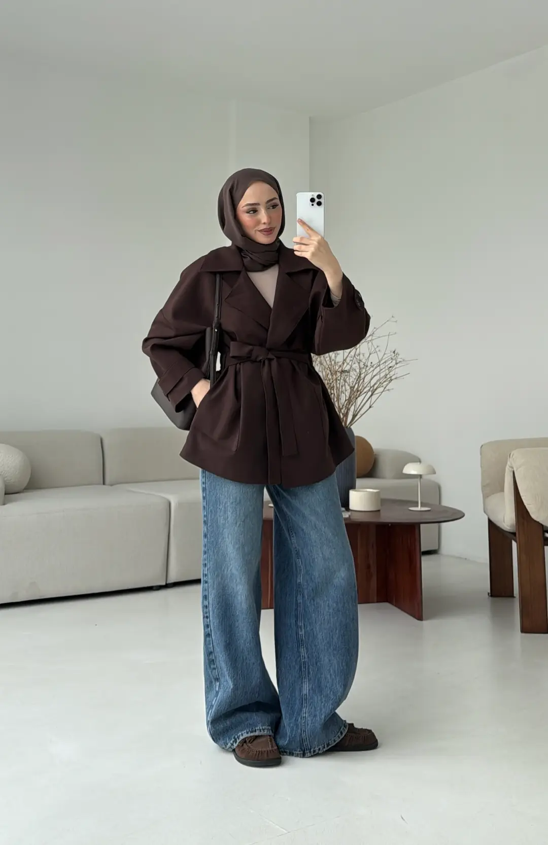 Kemerli Dökümlü Trençkot Kahve - Görsel 2