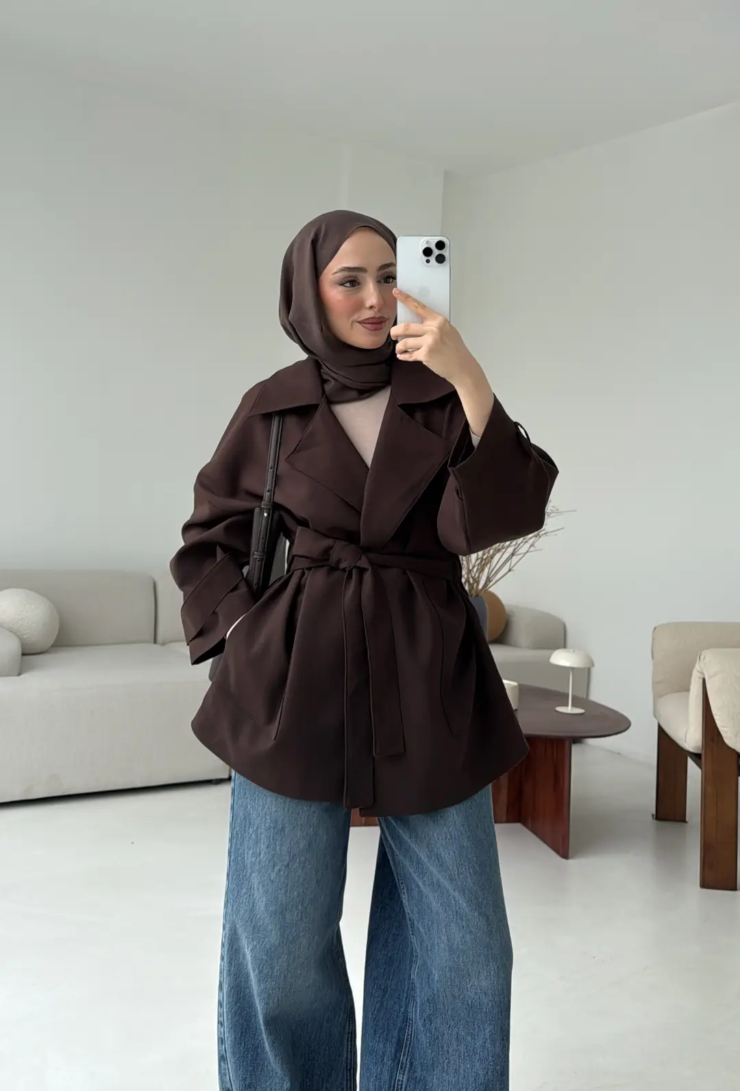 Kemerli Dökümlü Trençkot Kahve - Görsel 3