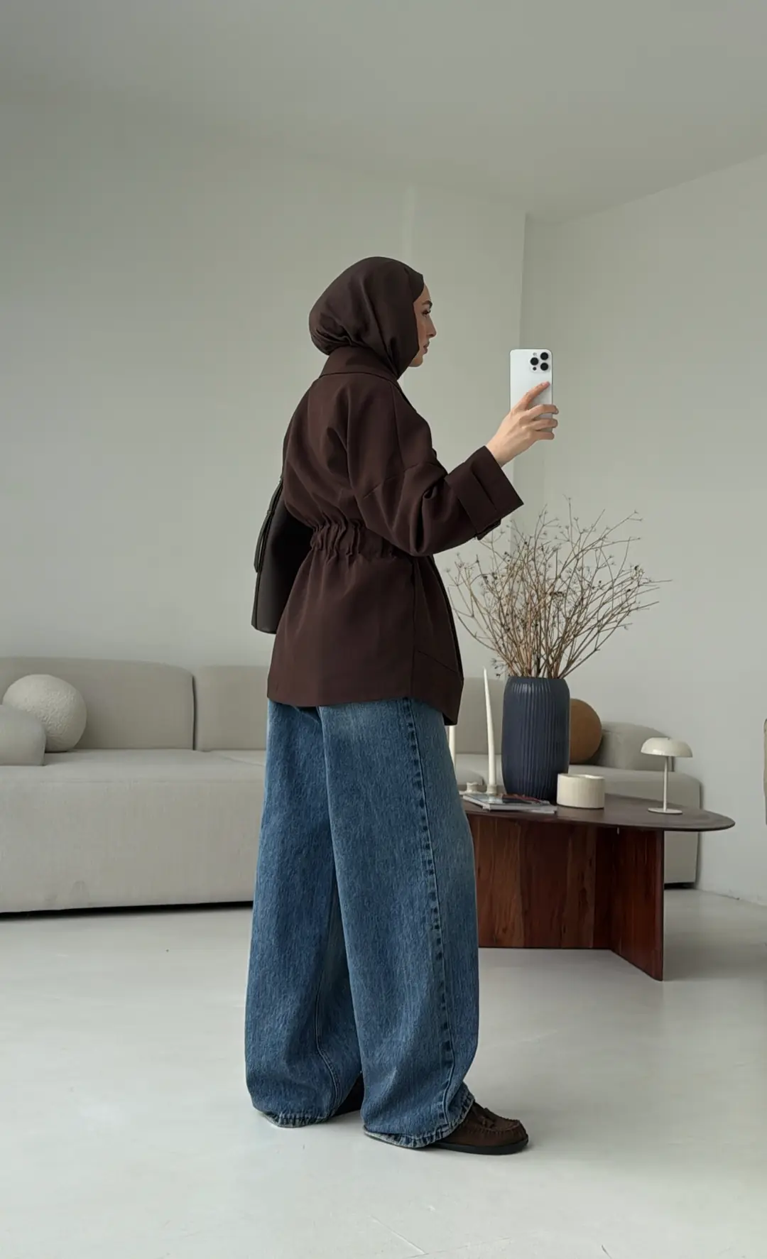 Kemerli Dökümlü Trençkot Kahve - Görsel 4