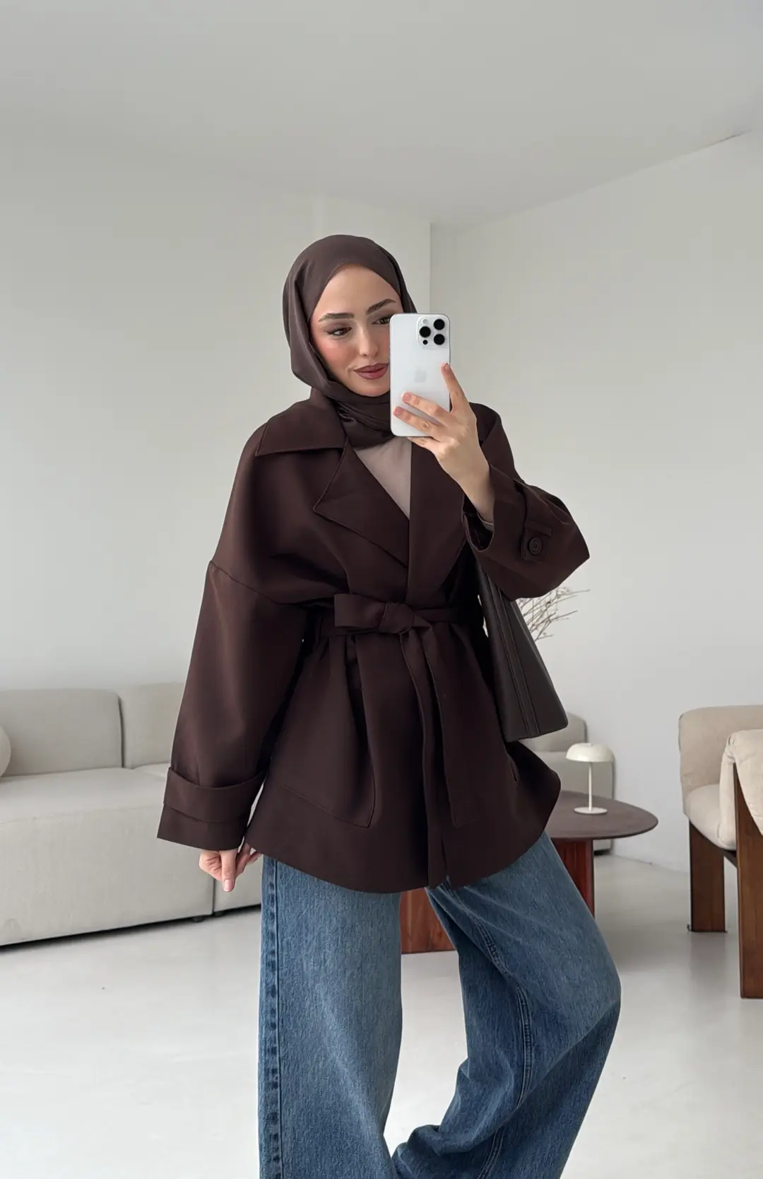 Kemerli Dökümlü Trençkot Kahve - Görsel 5