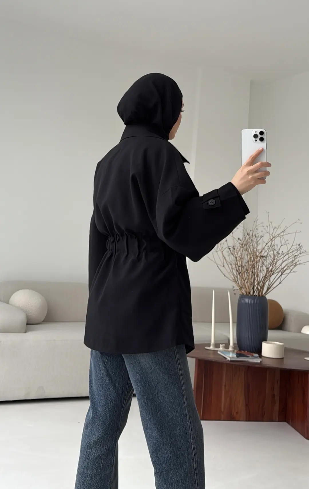 Kemerli Dökümlü Trençkot Siyah - Görsel 2