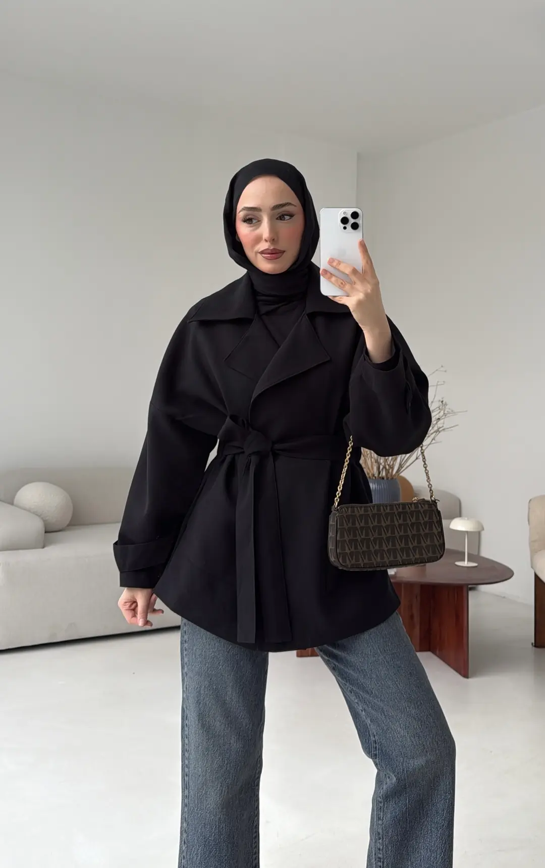 Kemerli Dökümlü Trençkot Siyah - Görsel 3