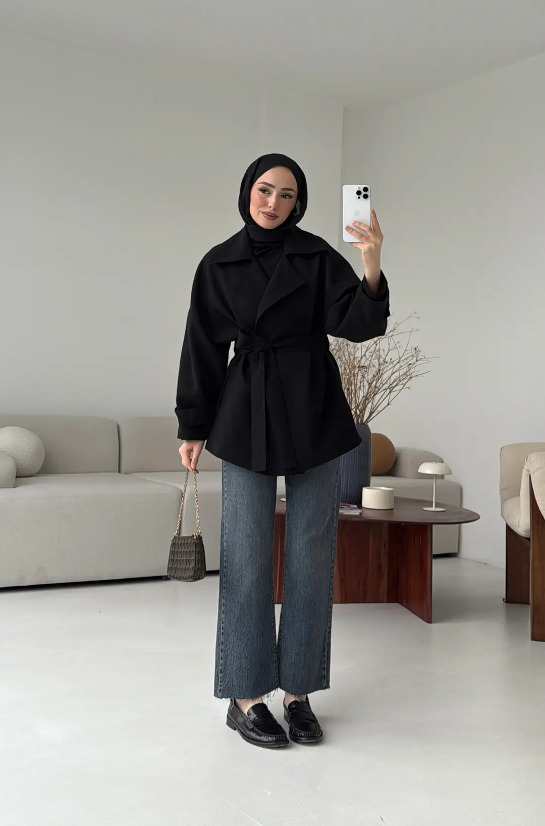 Kemerli Dökümlü Trençkot Siyah - Görsel 5