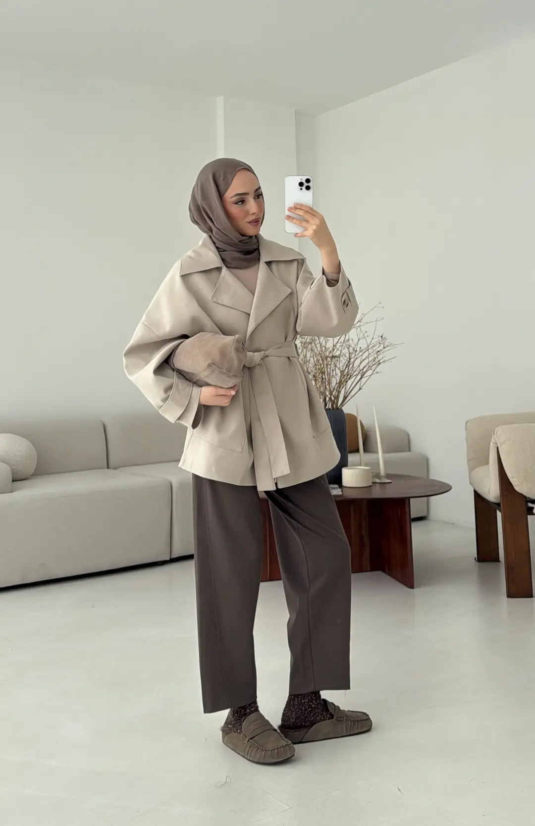 Kemerli Dökümlü Trençkot Taş - Görsel 2