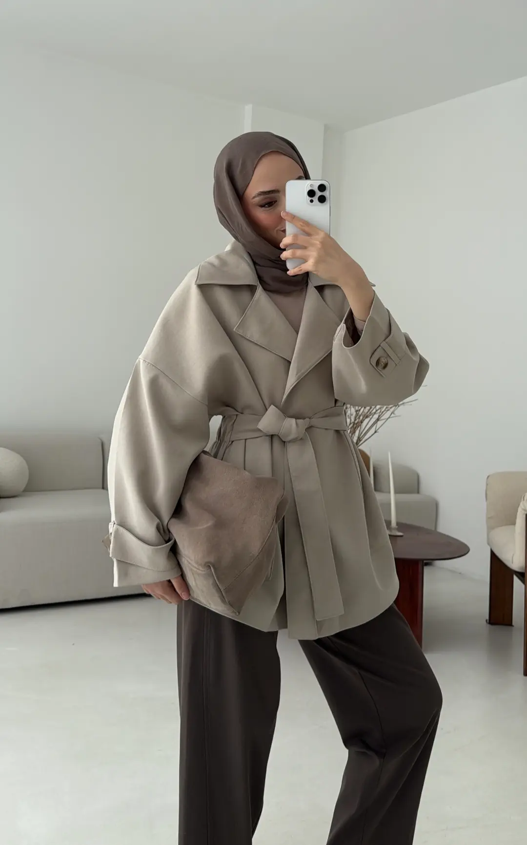 Kemerli Dökümlü Trençkot Taş - Görsel 3