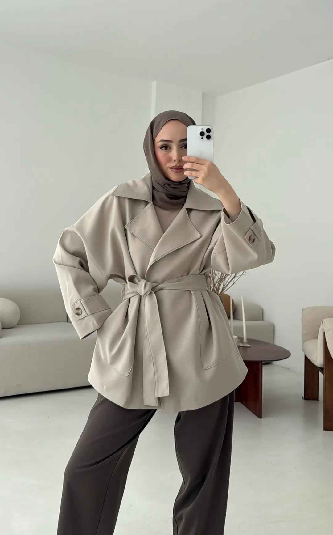 Kemerli Dökümlü Trençkot Taş - Görsel 5