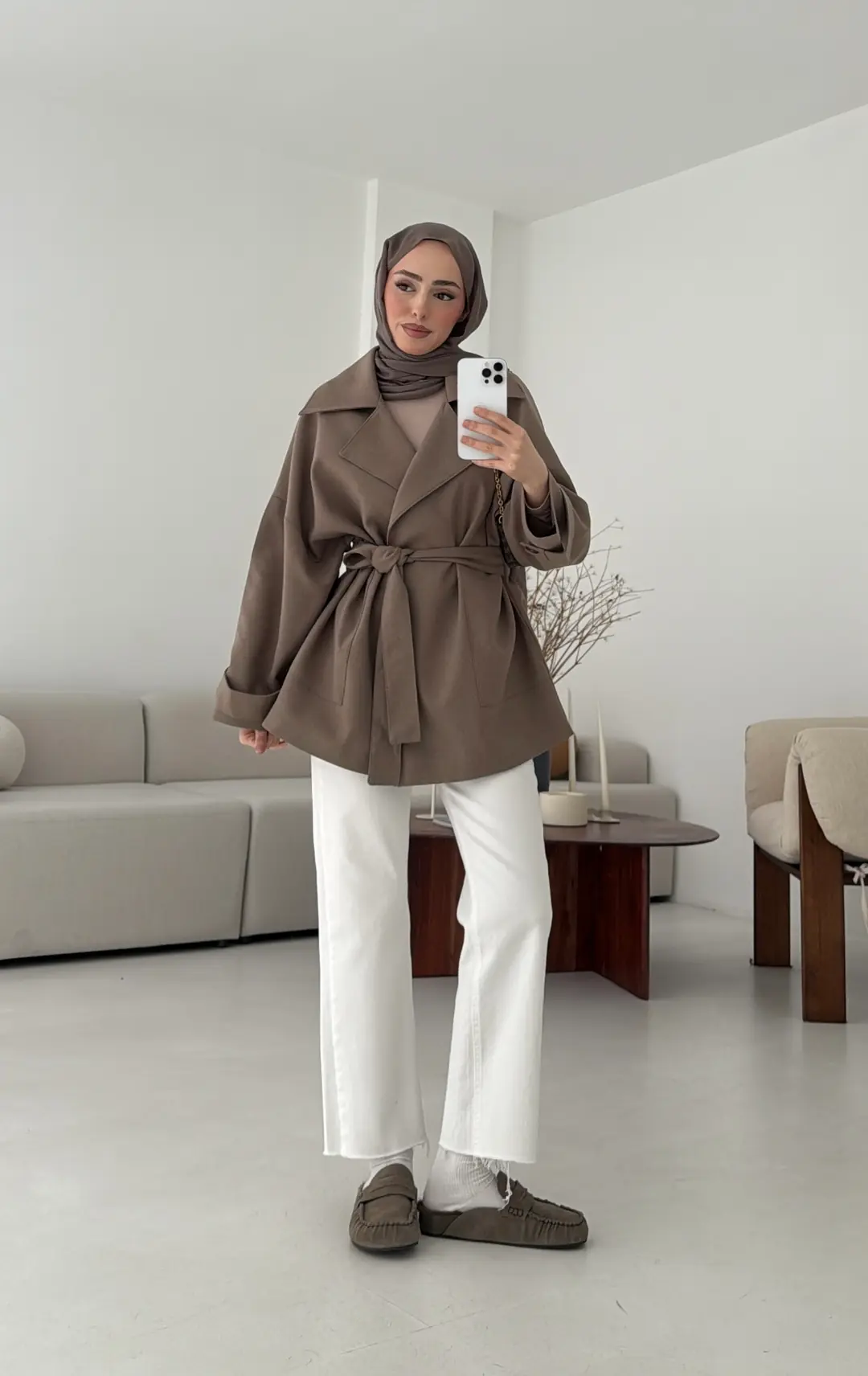 Kemerli Dökümlü Trençkot Vizon - Görsel 2