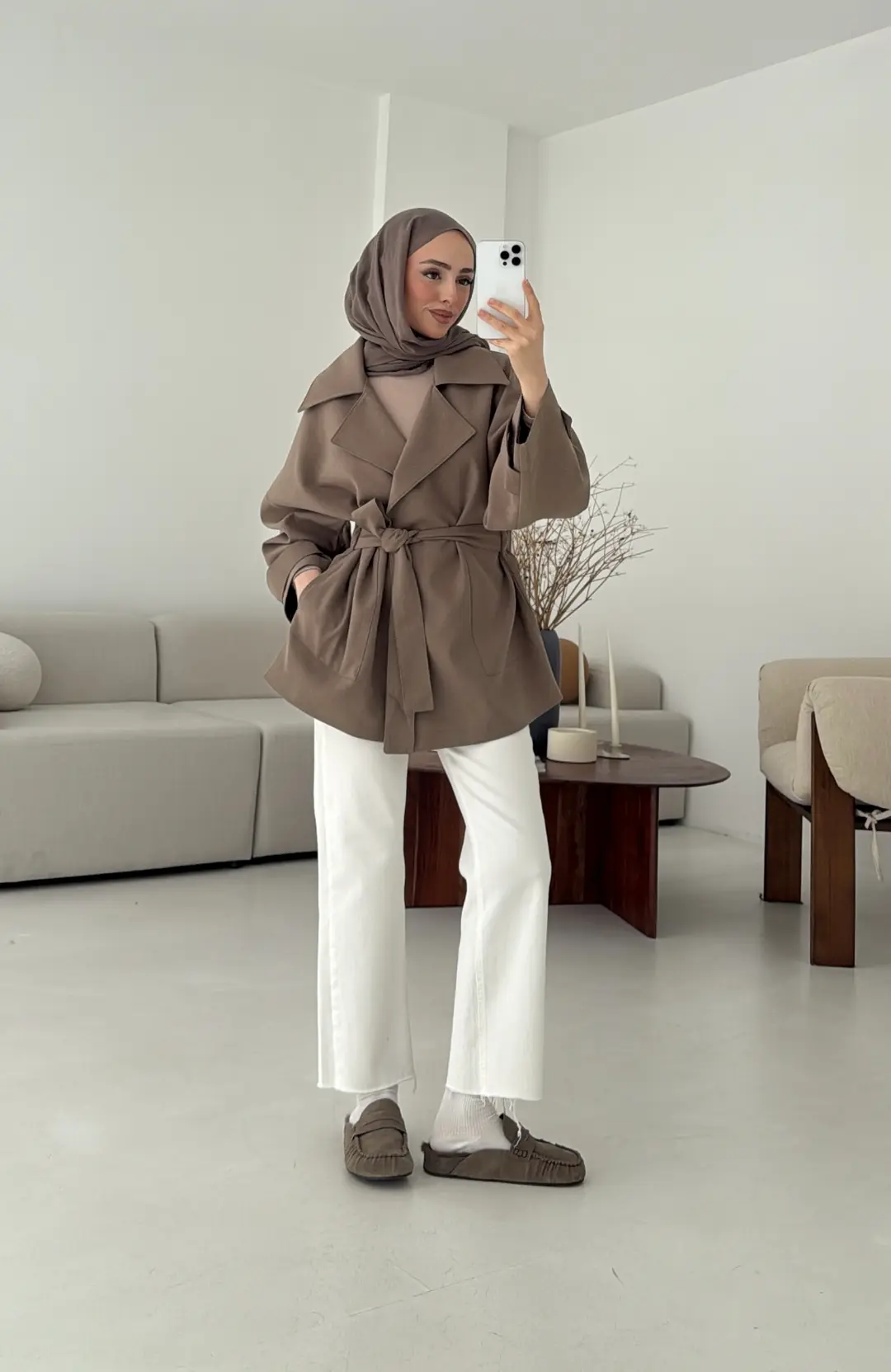 Kemerli Dökümlü Trençkot Vizon - Görsel 3