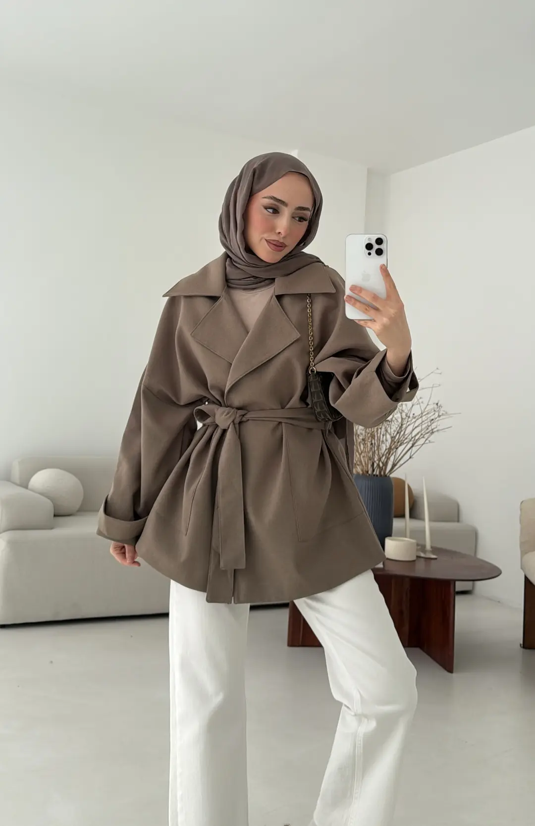 Kemerli Dökümlü Trençkot Vizon - Görsel 6