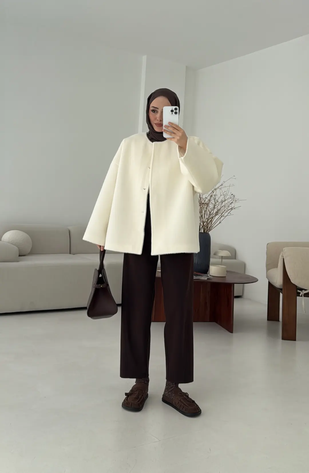 Kemerli Gizli Düğmeli Kaşe Kaban - Görsel 2