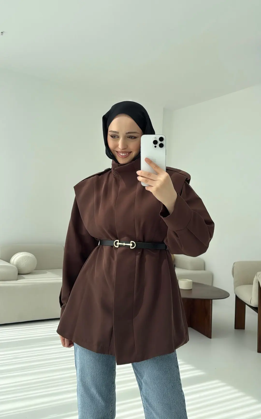 Kemerli Trençkot Kahve - Görsel 5