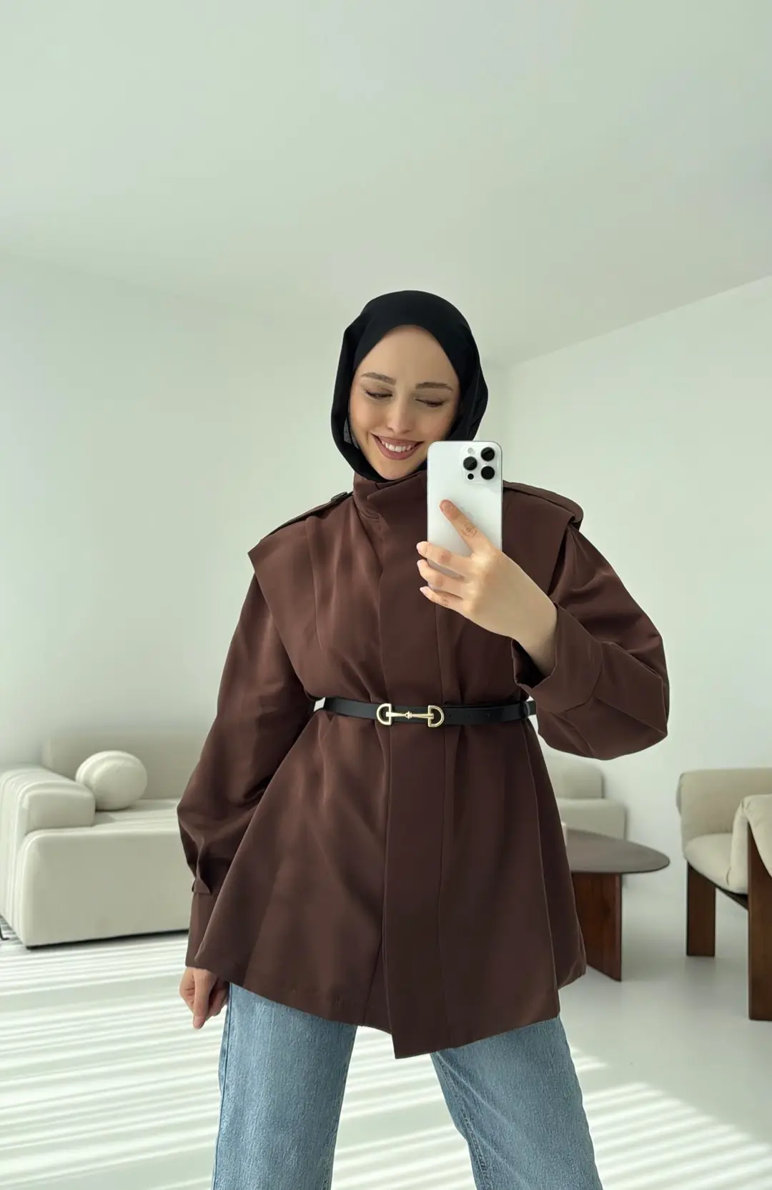 Kemerli Trençkot Kahve - Görsel 6