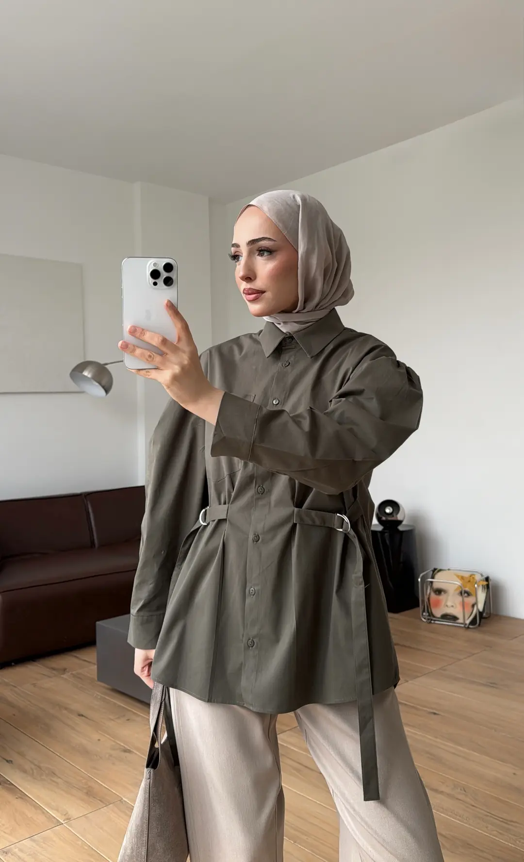 Kendinden Kemerli Gömlek Haki