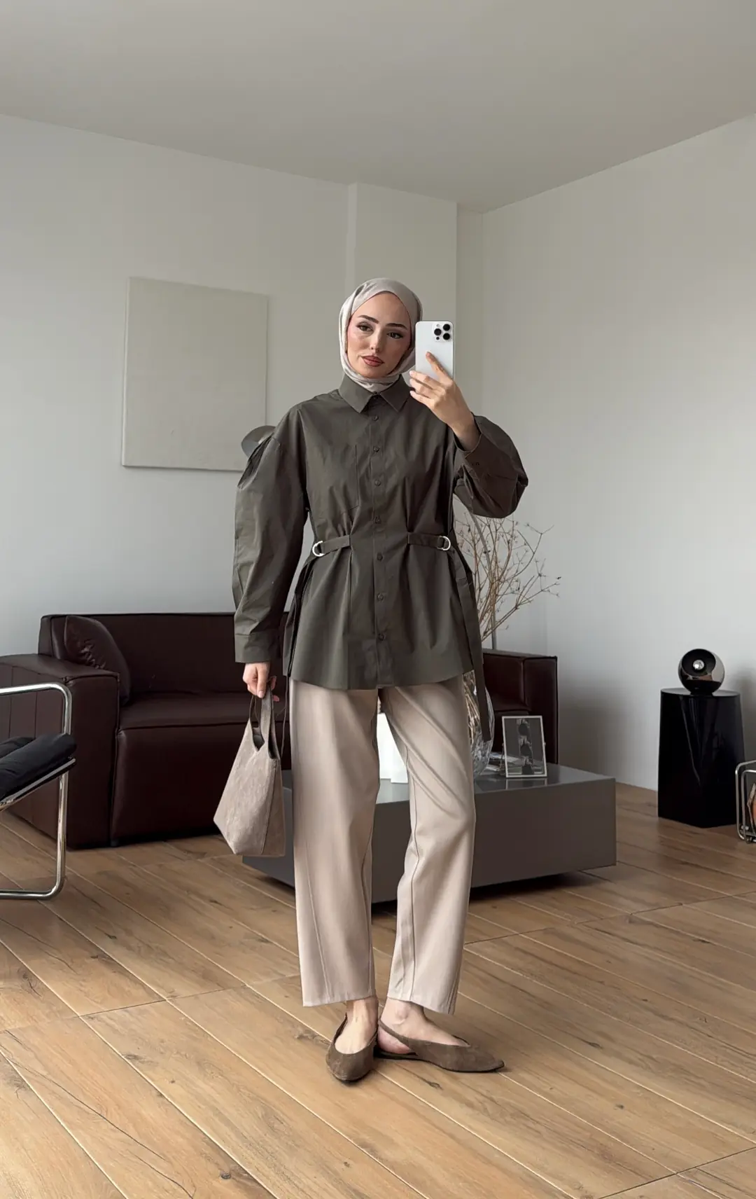 Kendinden Kemerli Gömlek Haki - Görsel 2