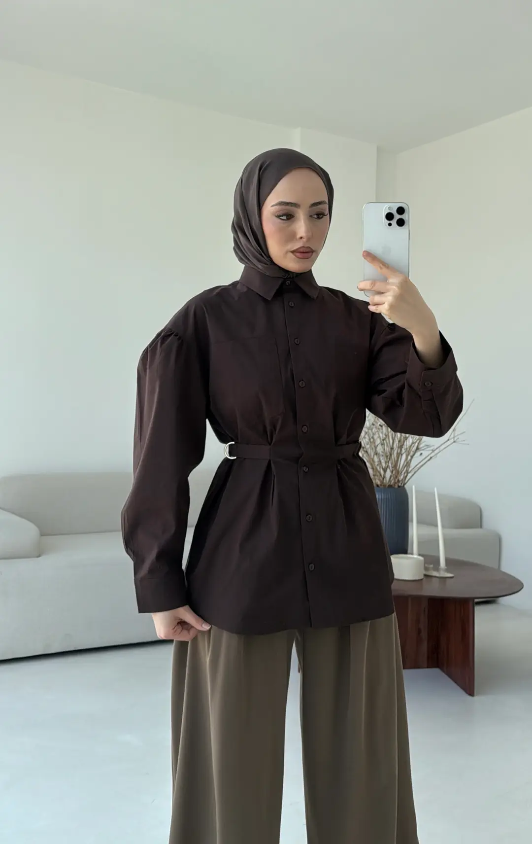 Kendinden Kemerli Gömlek Kahve - Görsel 4