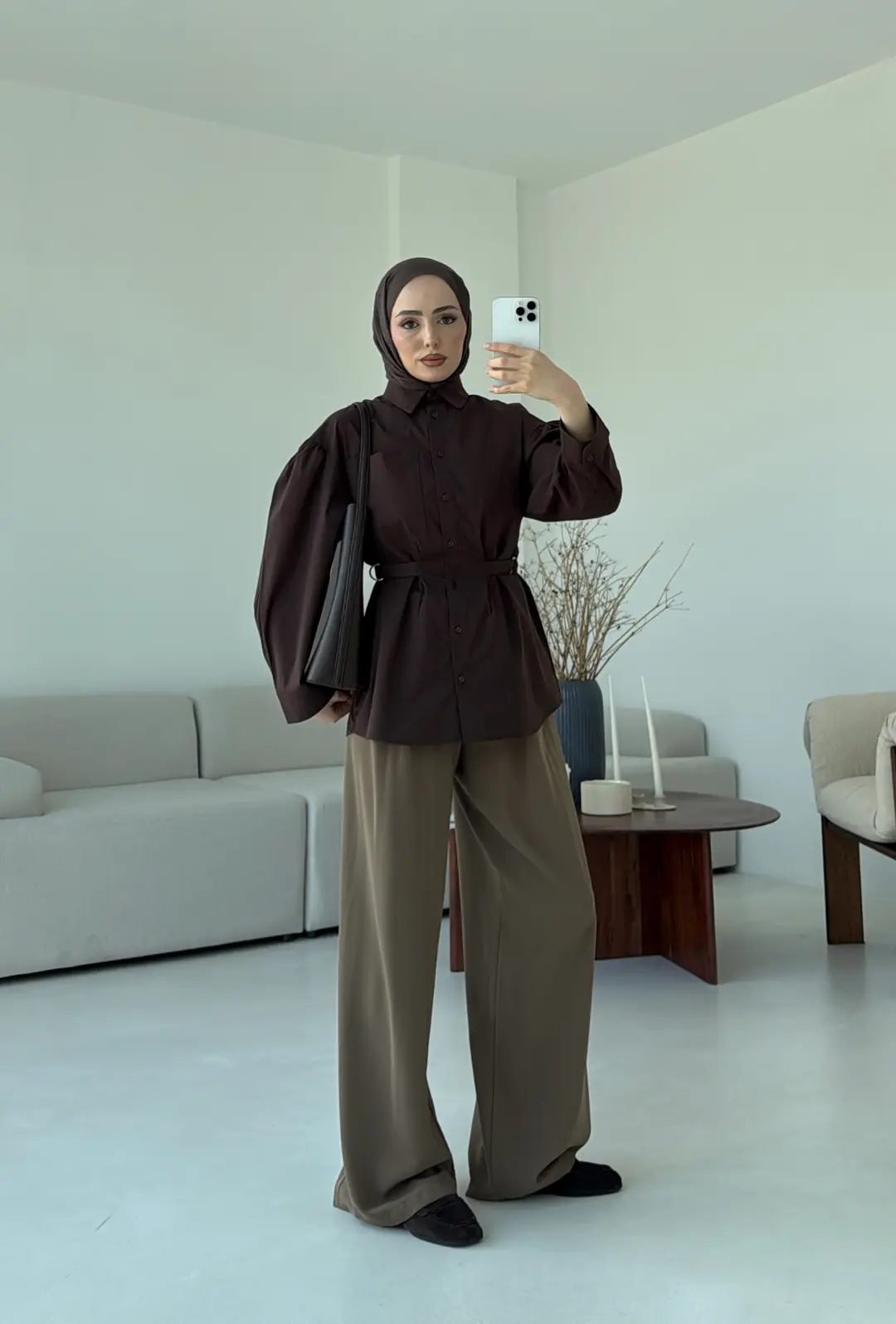 Kendinden Kemerli Gömlek Kahve - Görsel 5