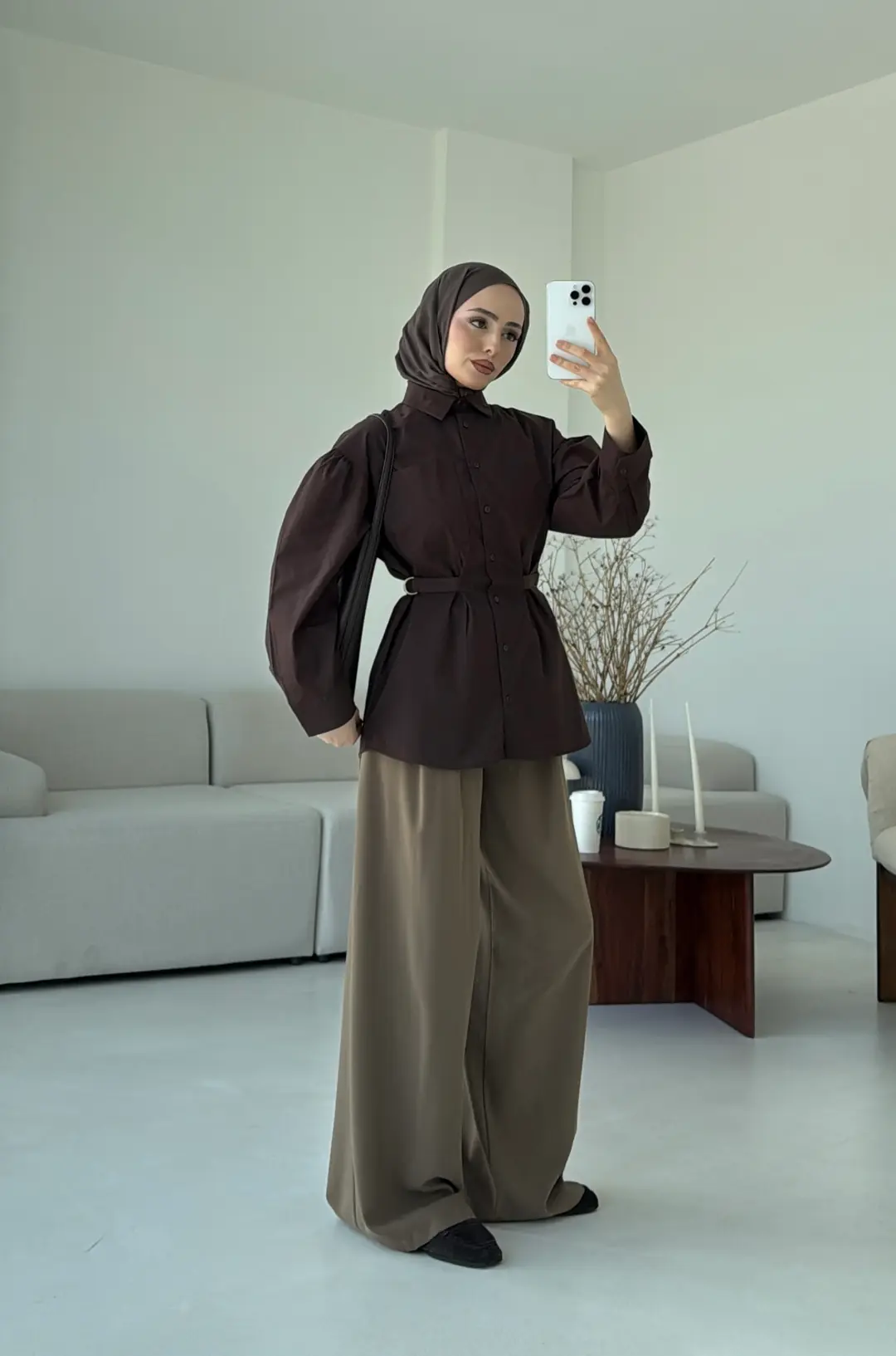 Kendinden Kemerli Gömlek Kahve - Görsel 7