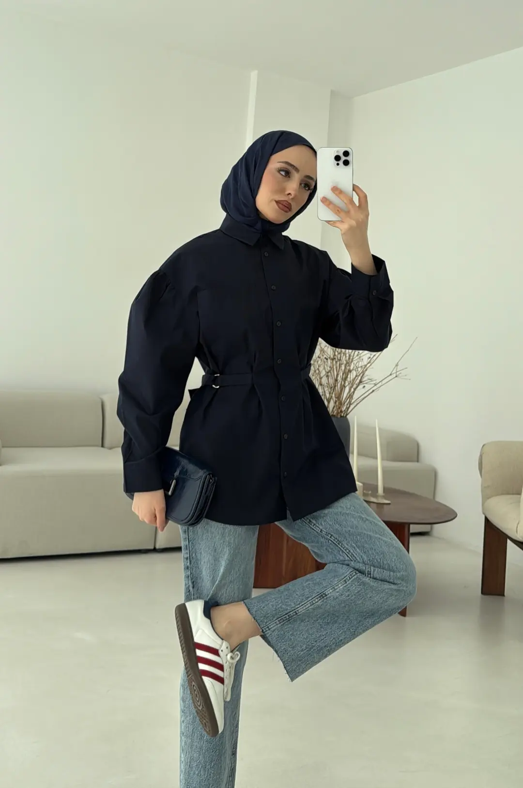 Kendinden Kemerli Gömlek Lacivert - Görsel 3