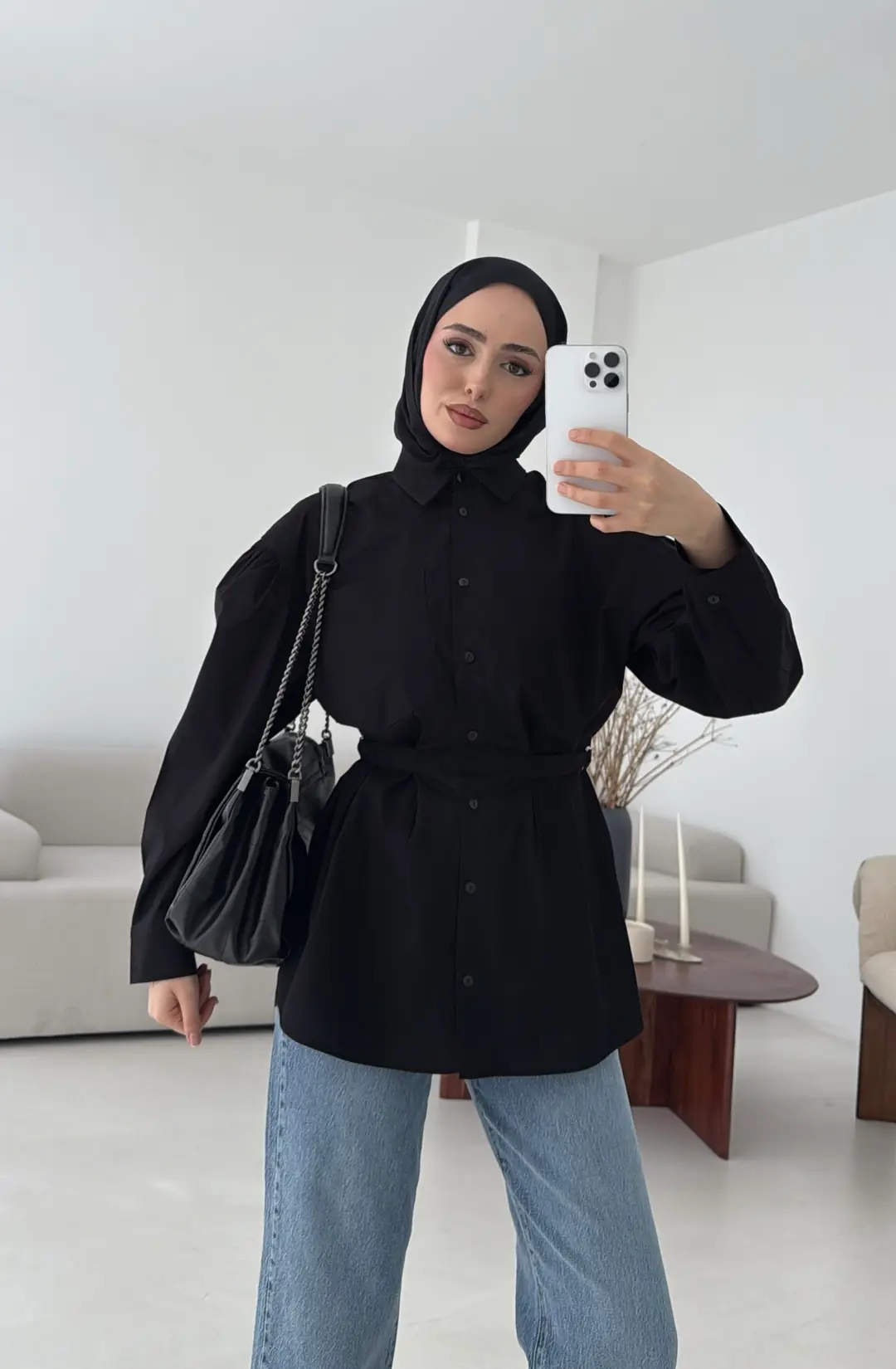 Kendinden Kemerli Gömlek Siyah - Görsel 3