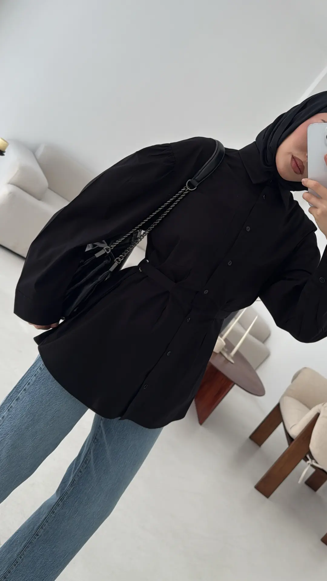 Kendinden Kemerli Gömlek Siyah - Görsel 4