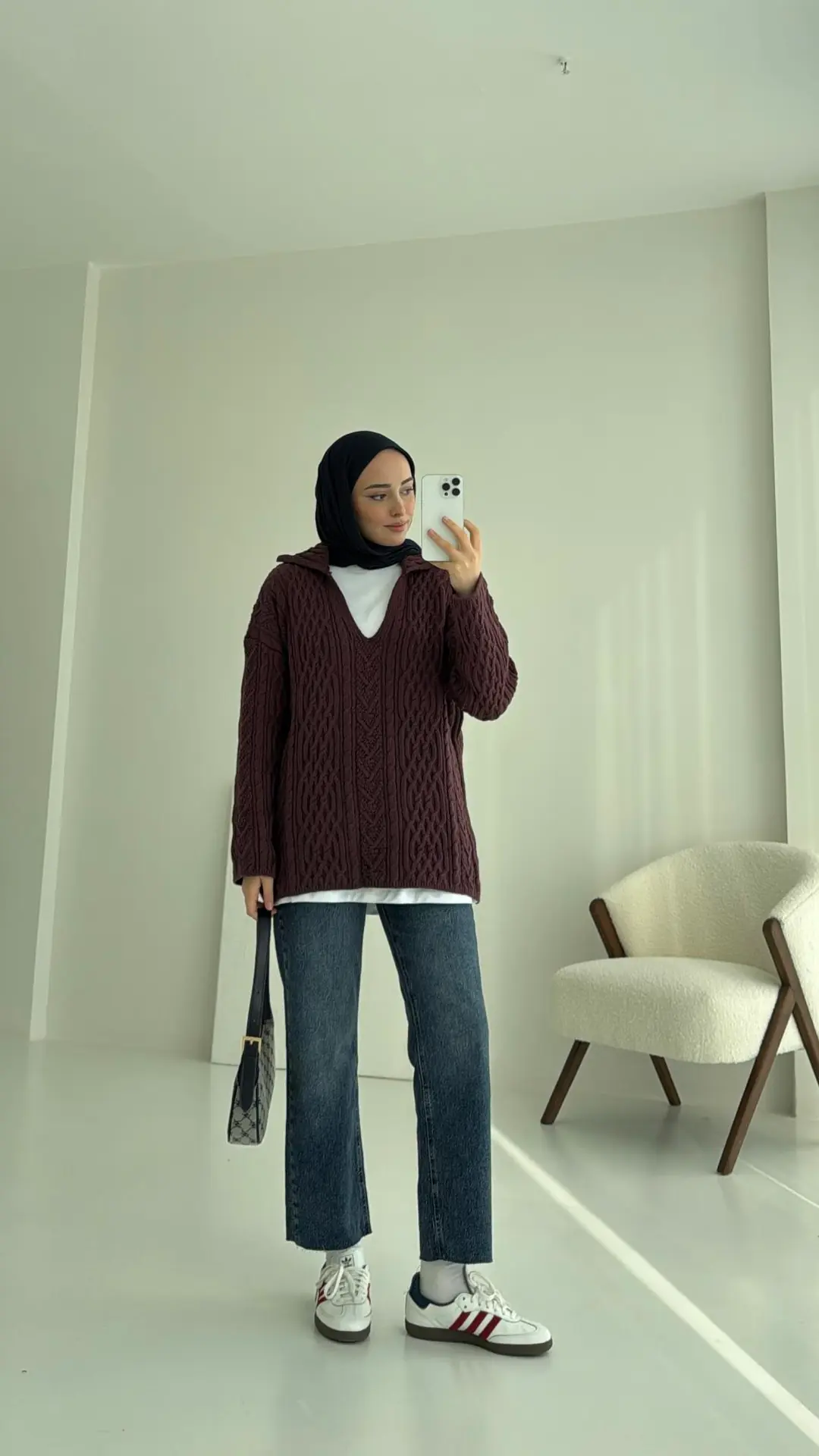 Kendinden V Yaka Saç Örgü Kazak Mürdüm