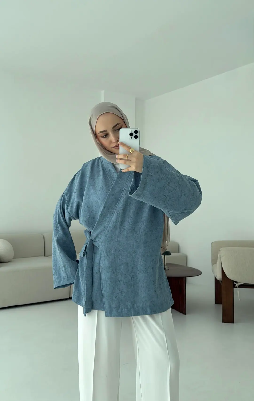 Keten Batik Bambu Kimono Mavi - Görsel 2