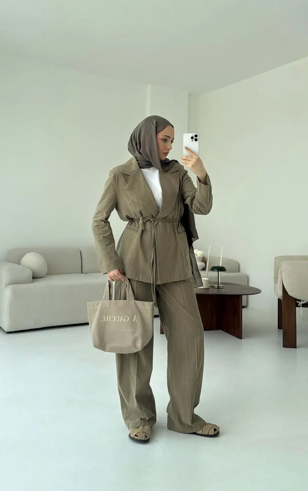 Bağlamalı Keten Ceketli Takım Haki