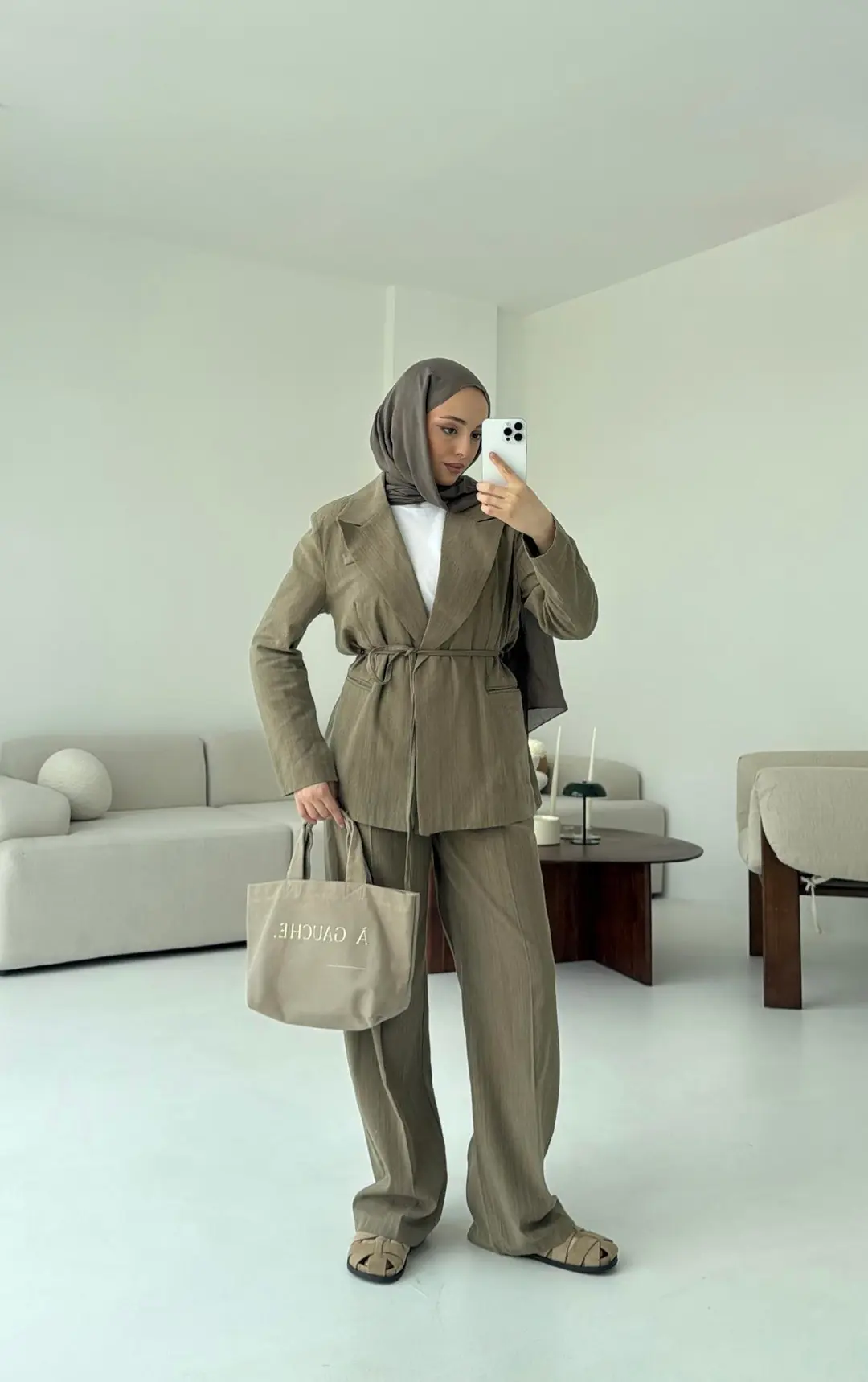 Bağlamalı Keten Ceketli Takım Haki - Görsel 3