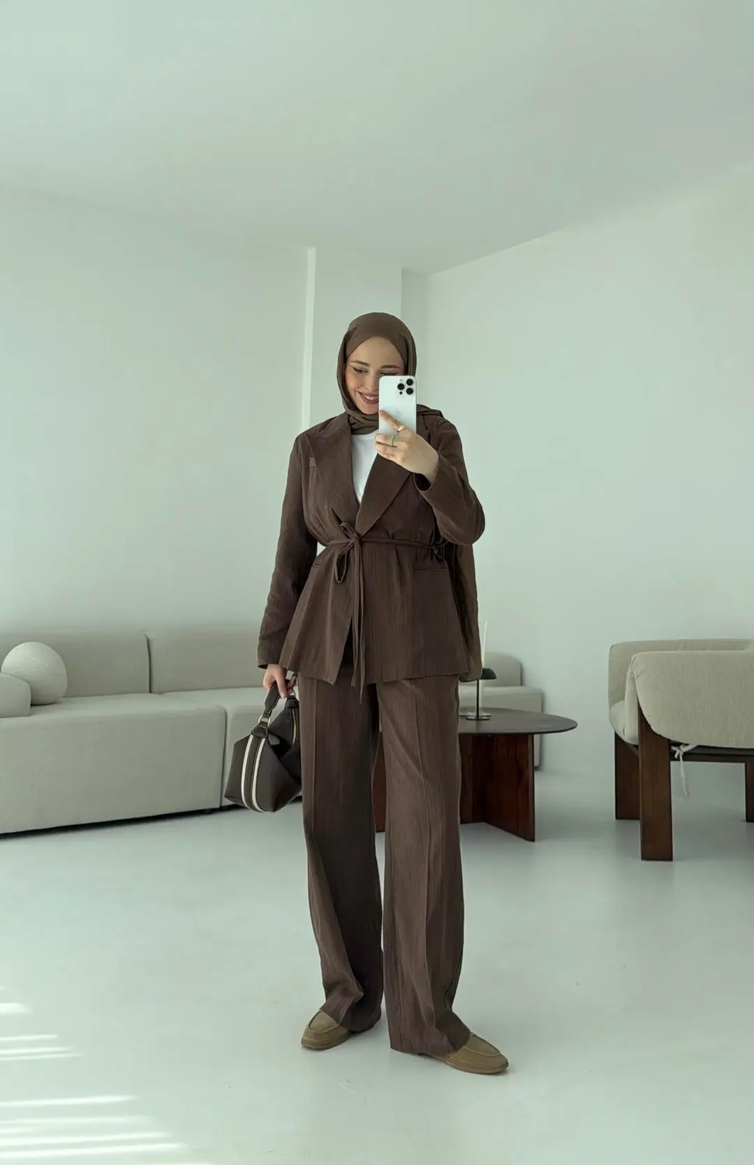 Bağlamalı Keten Ceketli Takım Kahve - Görsel 2