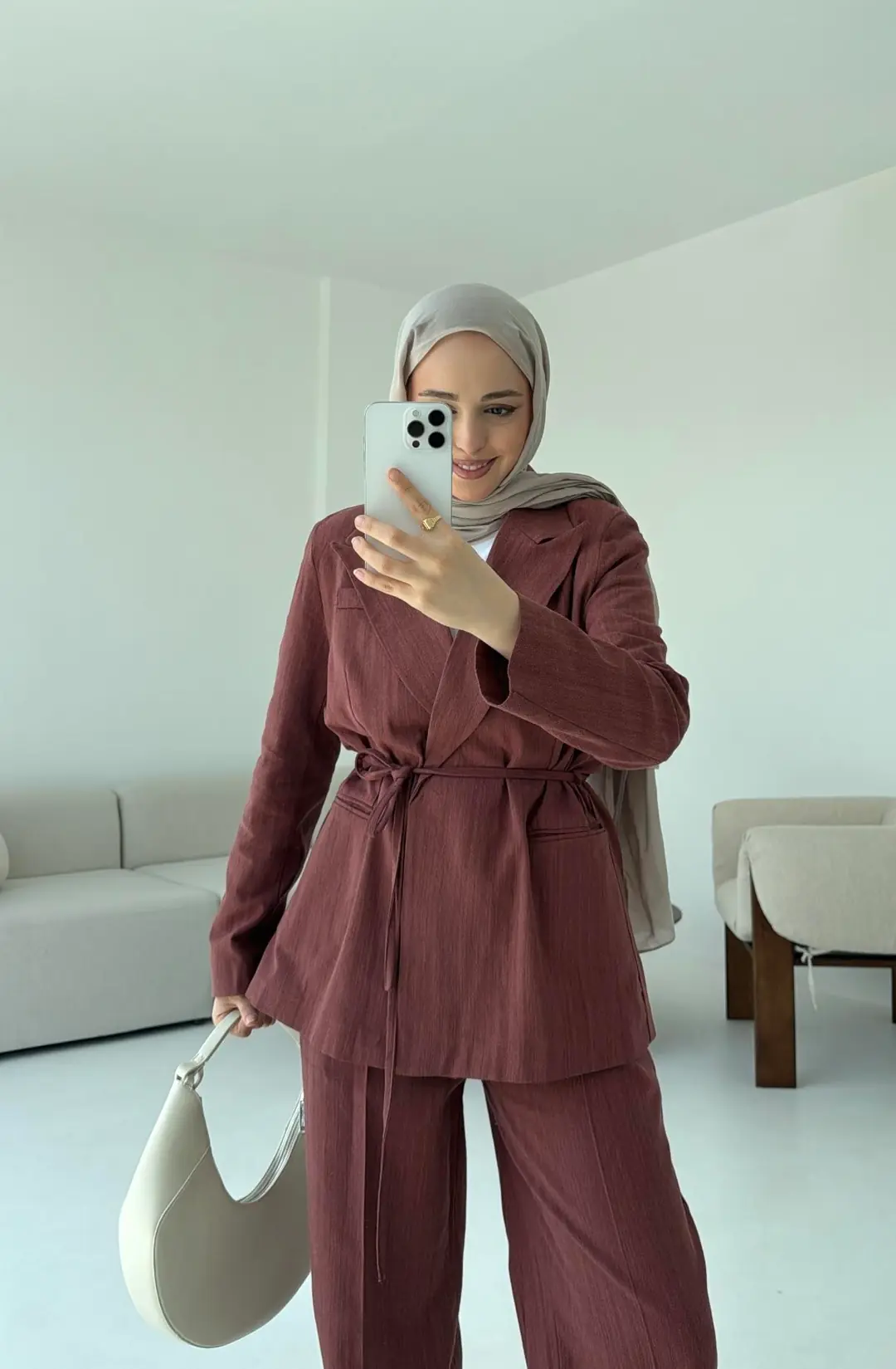 Bağlamalı Keten Ceketli Takım Kiremit - Görsel 3