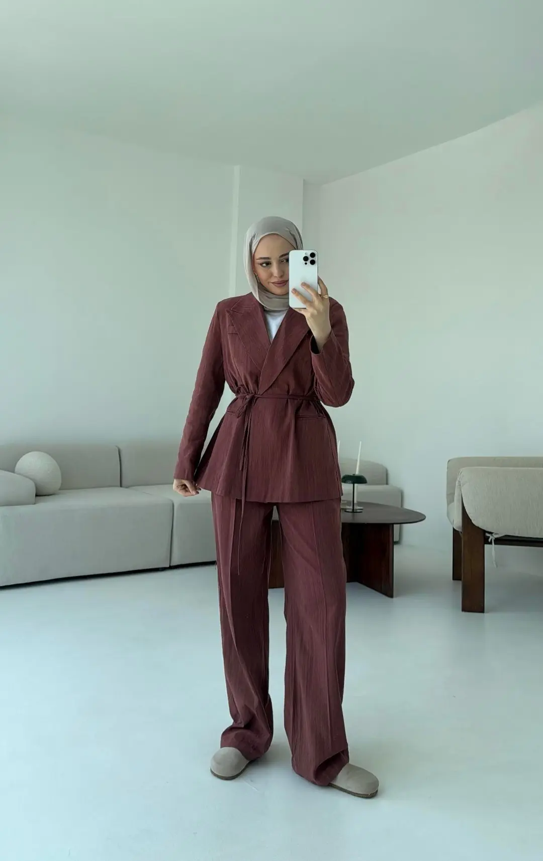 Bağlamalı Keten Ceketli Takım Kiremit - Görsel 4