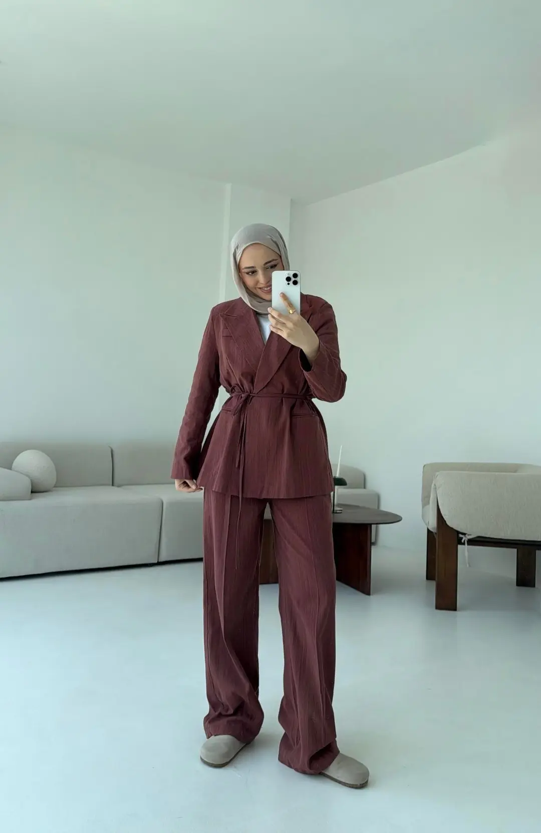 Bağlamalı Keten Ceketli Takım Kiremit - Görsel 5