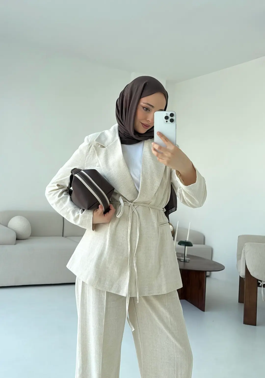 Bağlamalı Keten Ceketli Takım Natural - Görsel 3