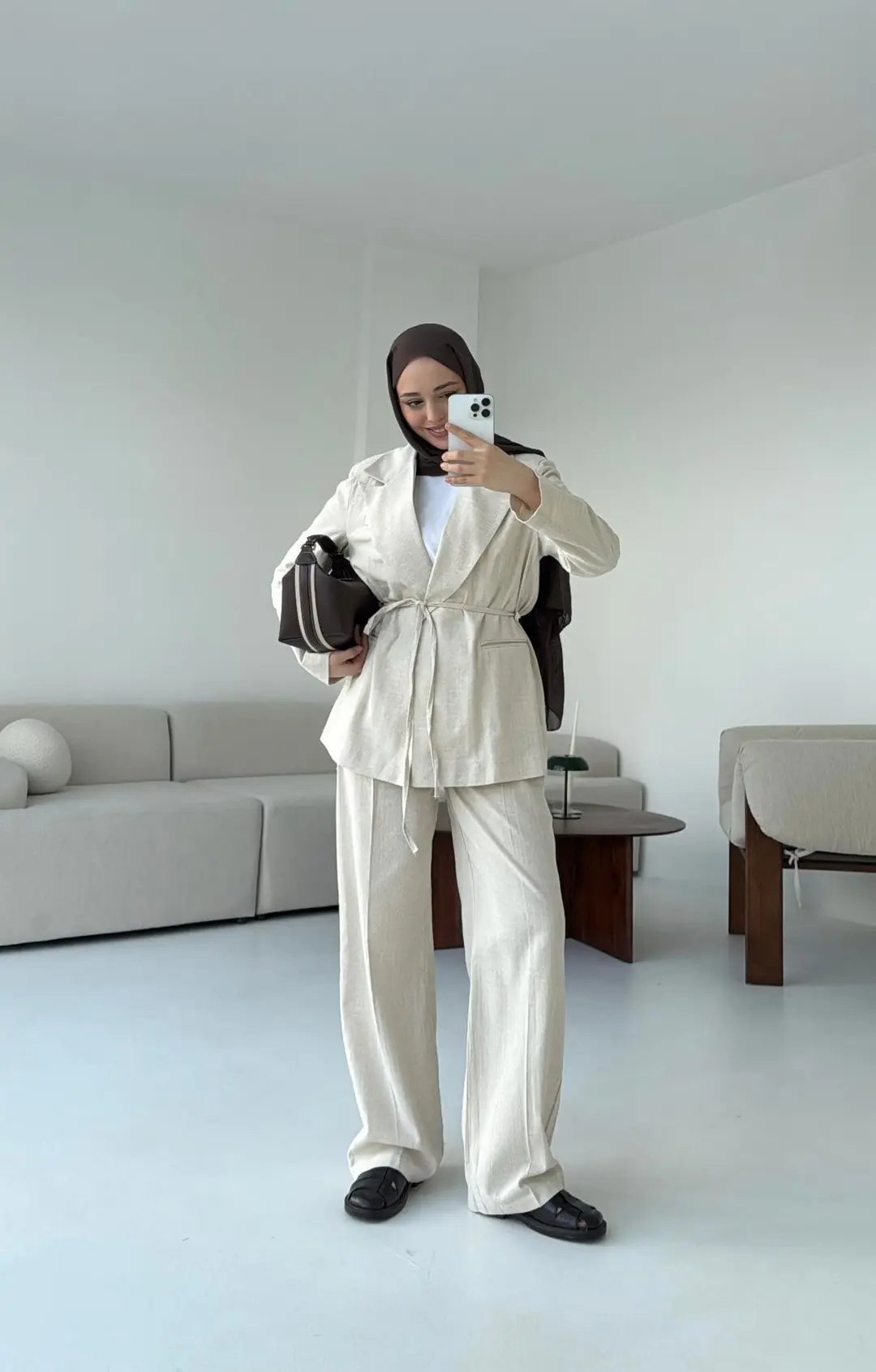 Bağlamalı Keten Ceketli Takım Natural - Görsel 4