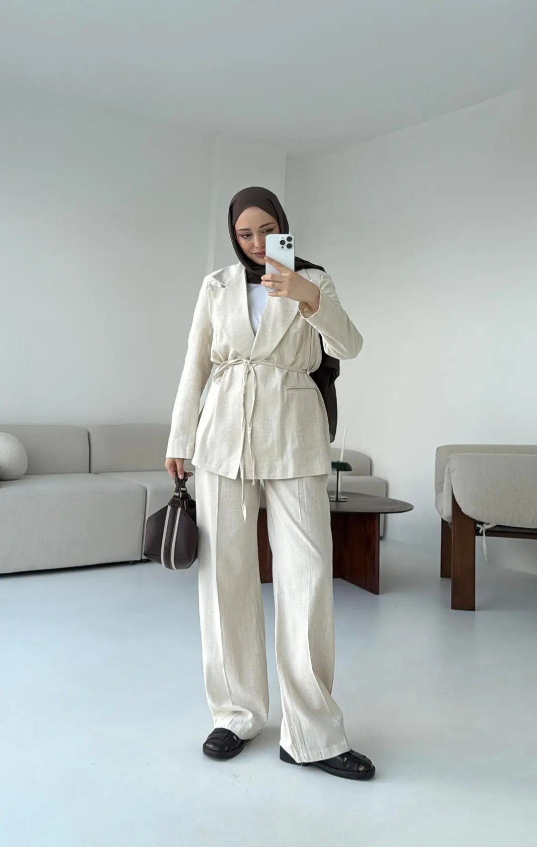 Bağlamalı Keten Ceketli Takım Natural - Görsel 5