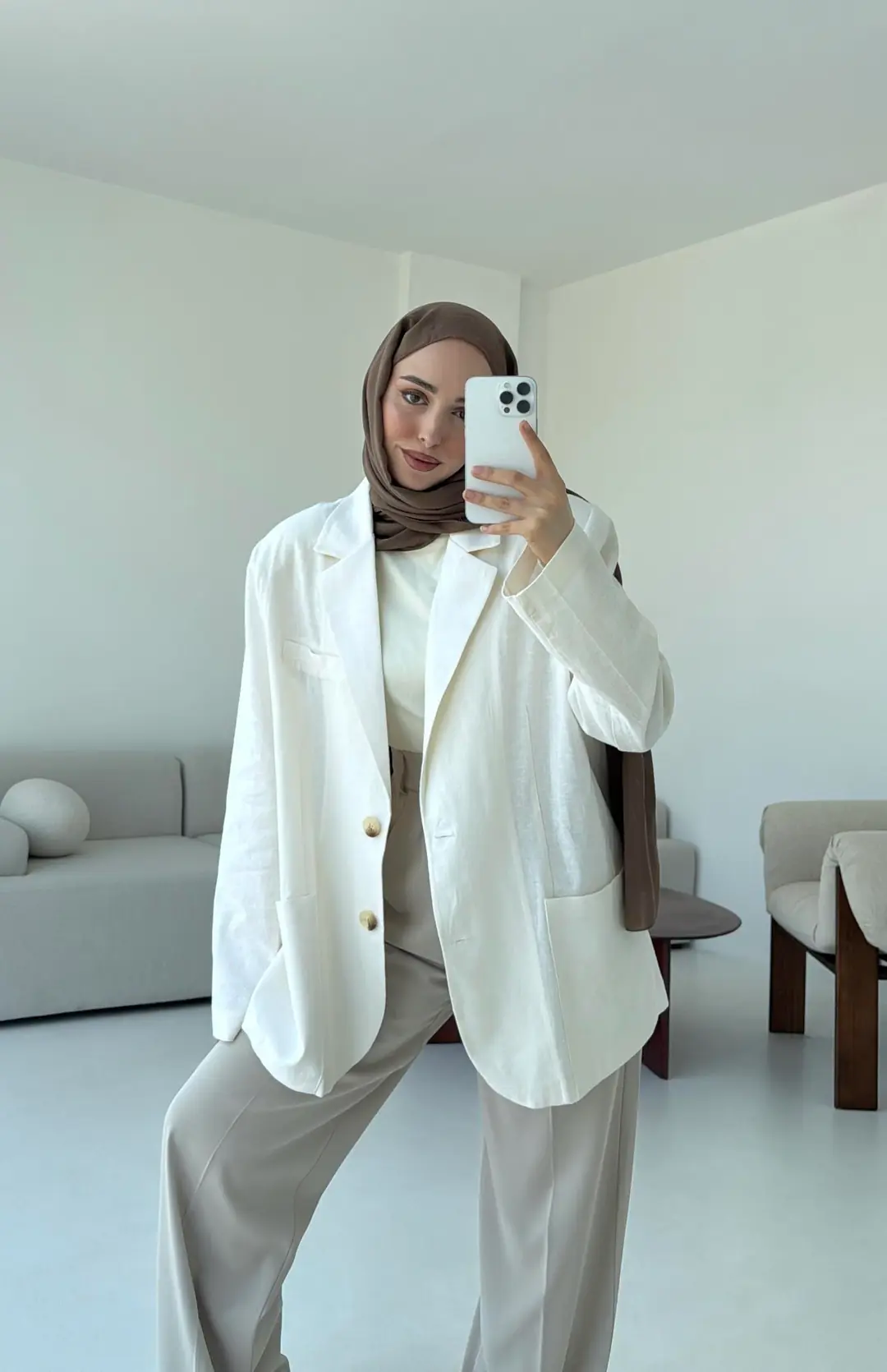 Keten Cepli Ceket Beyaz - Görsel 3